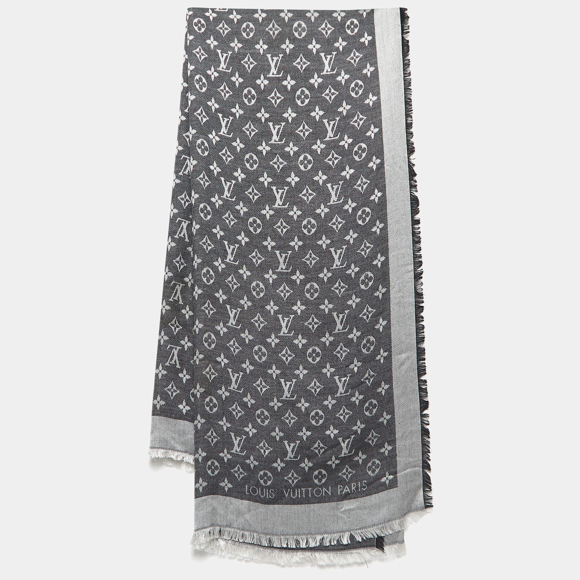 Pre Owned Louis Vuitton Black Monogram Denim Wool & Silk Shawl