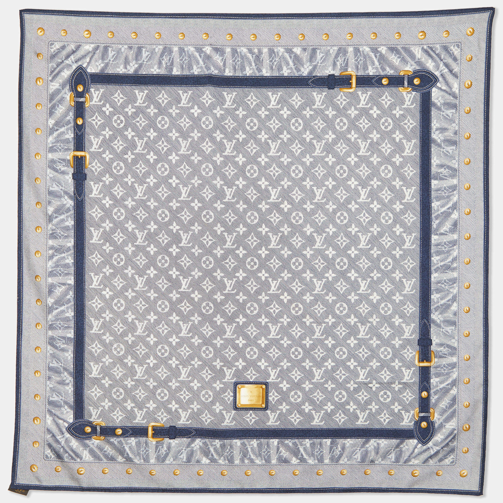 Pre Owned Louis Vuitton Navy Blue Monogram Denim Printed Silk Square Scarf