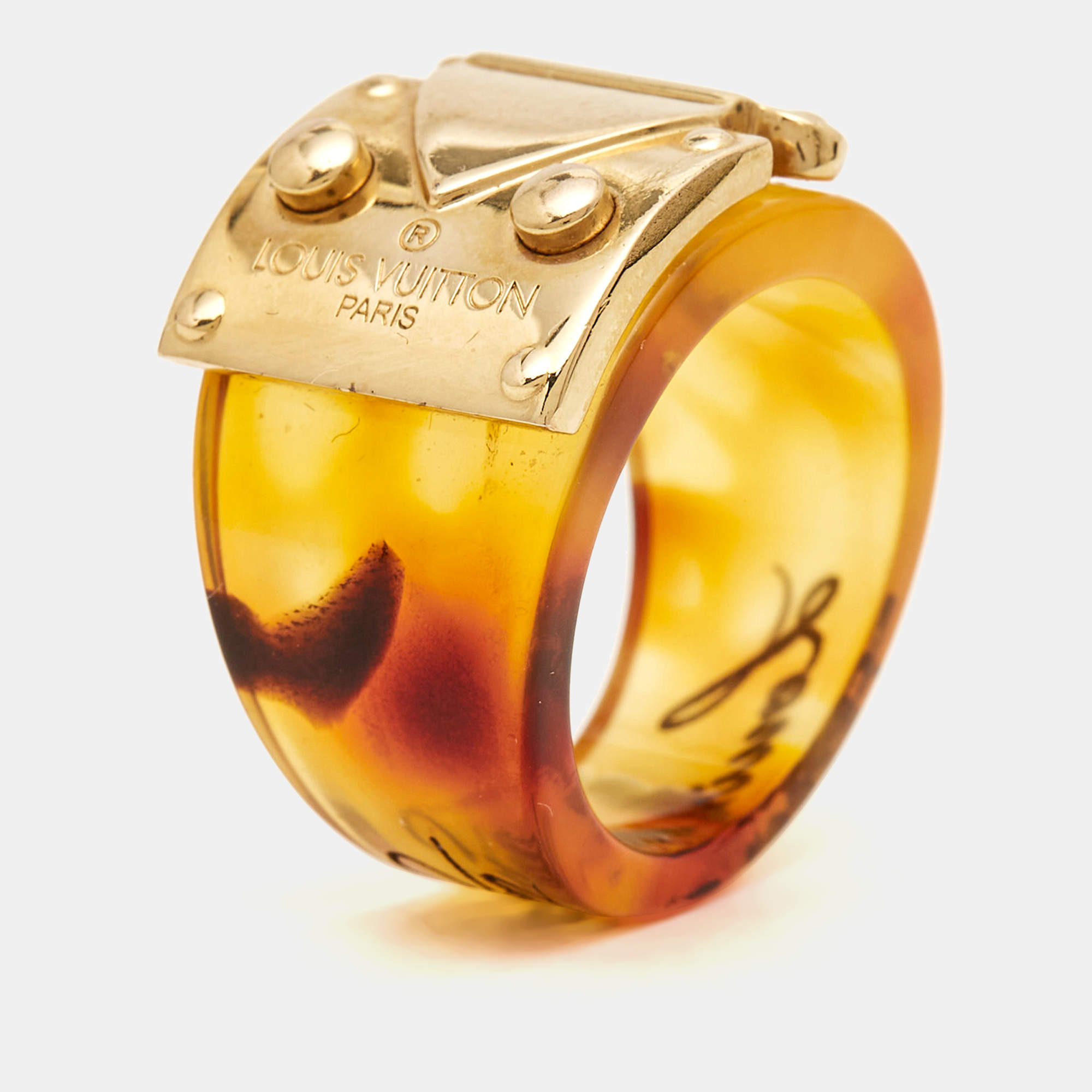 Pre Owned Louis Vuitton Lock Me Tortoise Brown Resin Ring Size 56