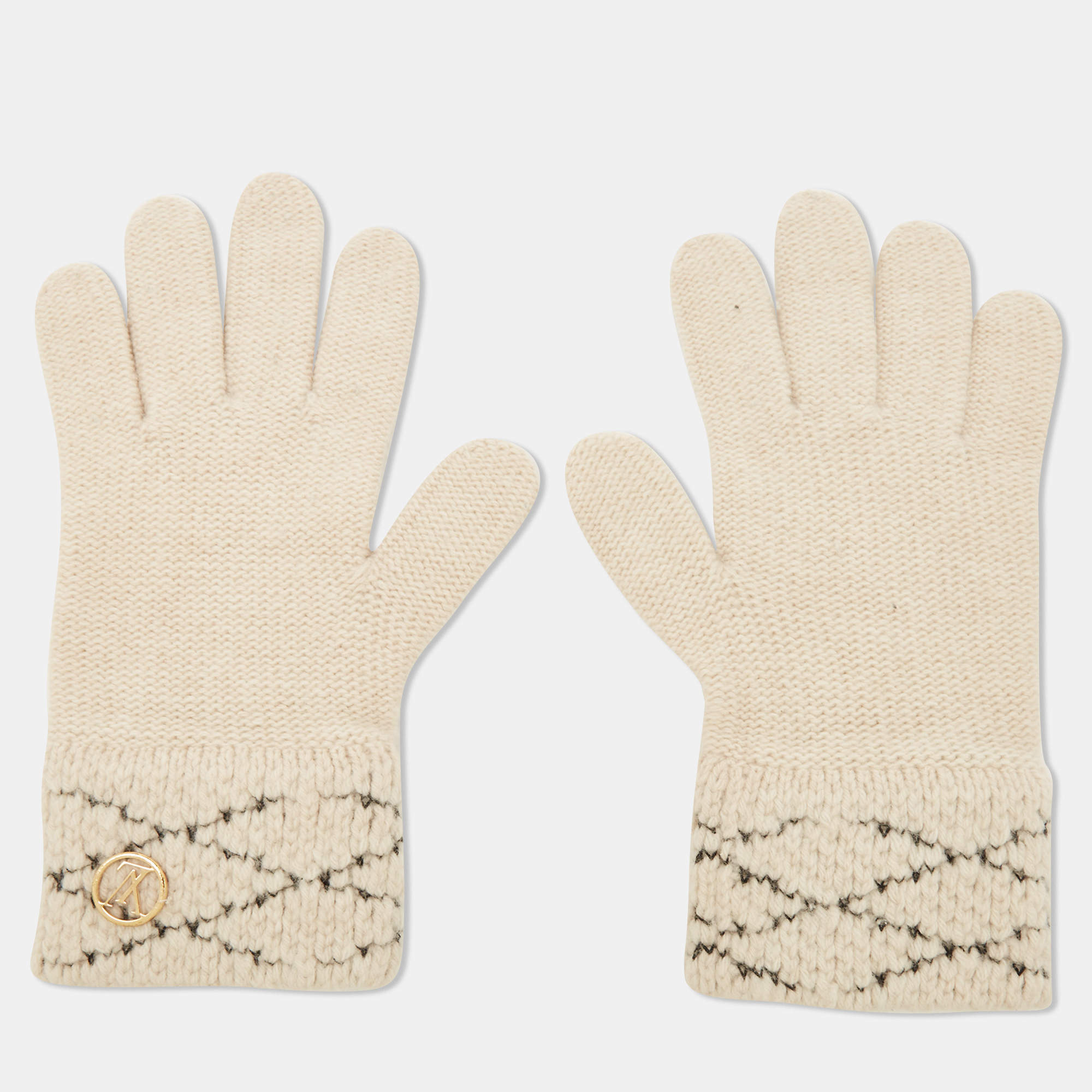 Pre Owned Louis Vuitton Cream Wool Blend Knit Gloves 