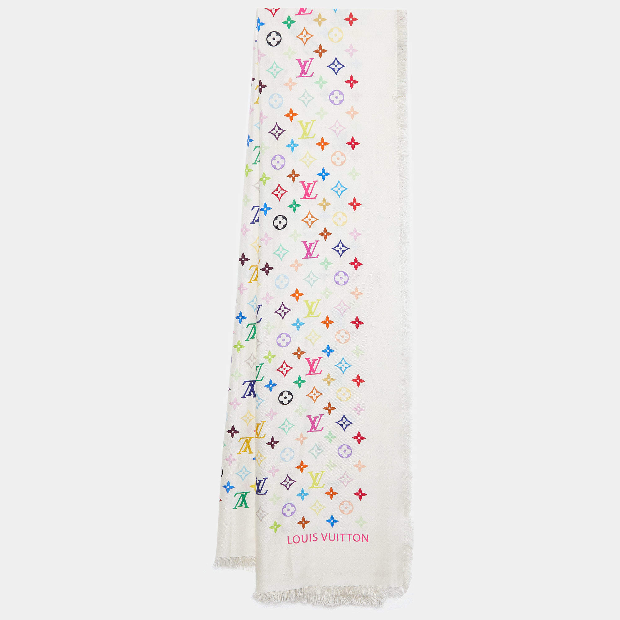 Pre Owned Louis Vuitton Multicolor Monogram Cashmere & Silk Fringed Shawl 