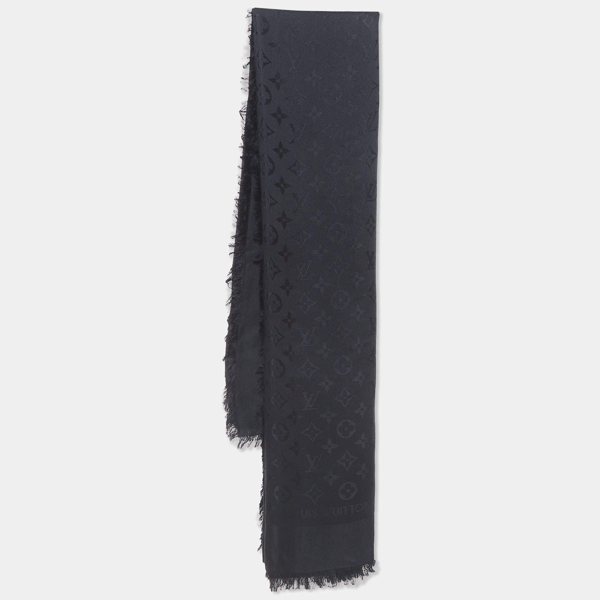 Pre Owned Louis Vuitton Black Monogram Silk and Wool Fringed Large Sqaure Shawl 