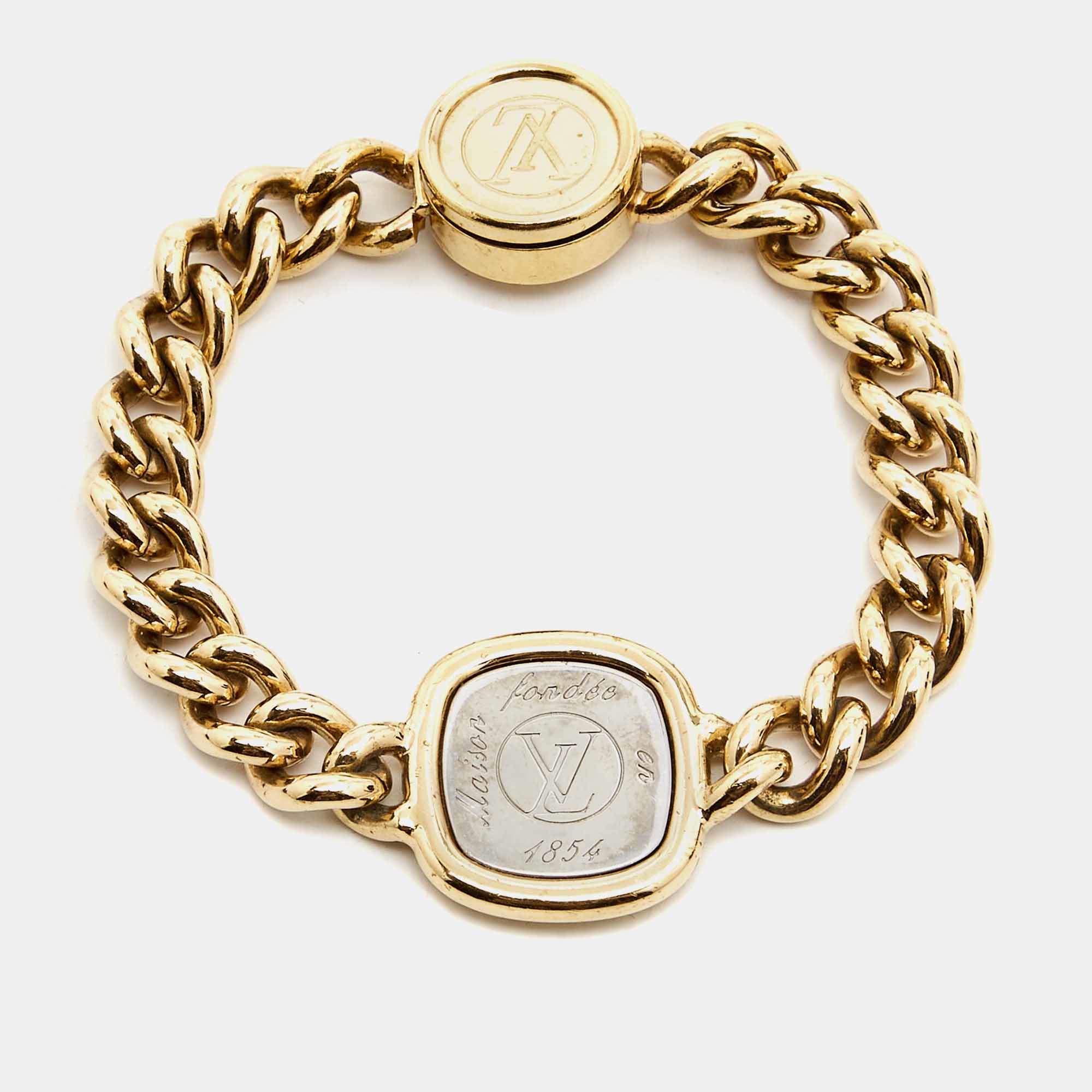 Pre Owned Louis Vuitton Maison Fondée en 1854 Curb Chain Two Tone Bracelet