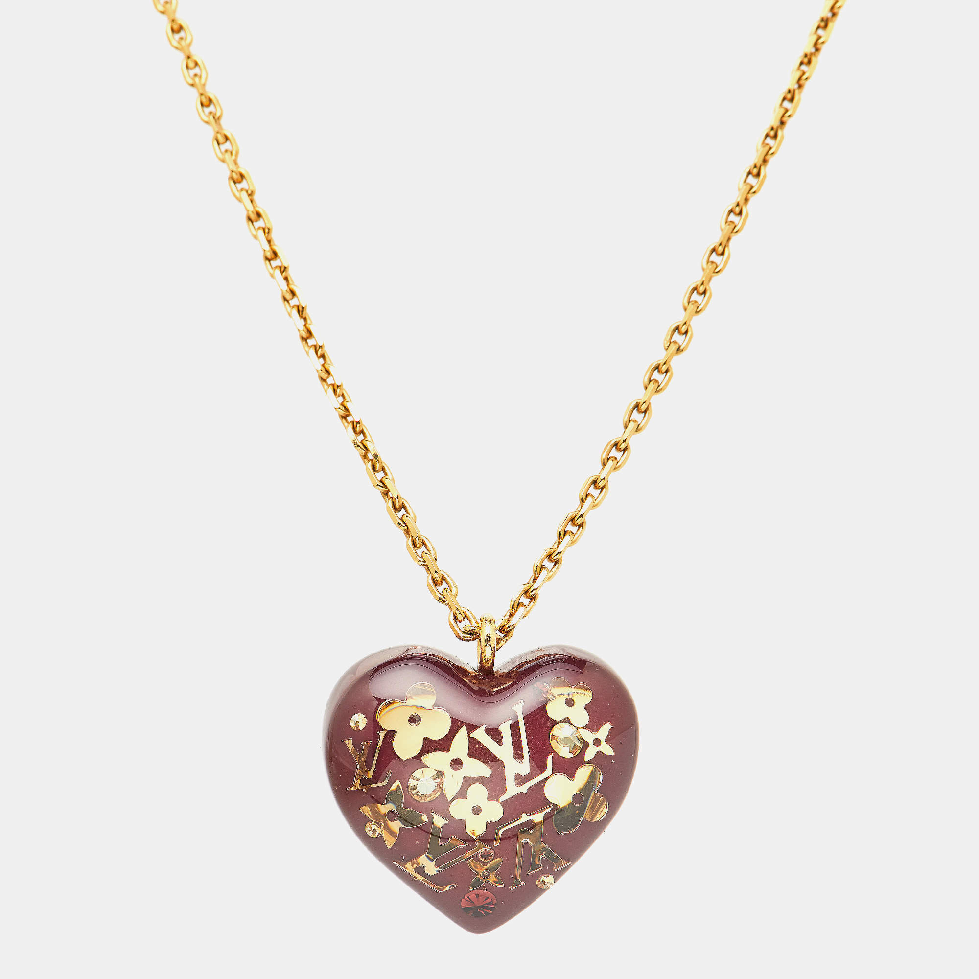 Pre Owned Louis Vuitton Pomme D'Amour Monogram Inclusion Heart Pendant Necklace