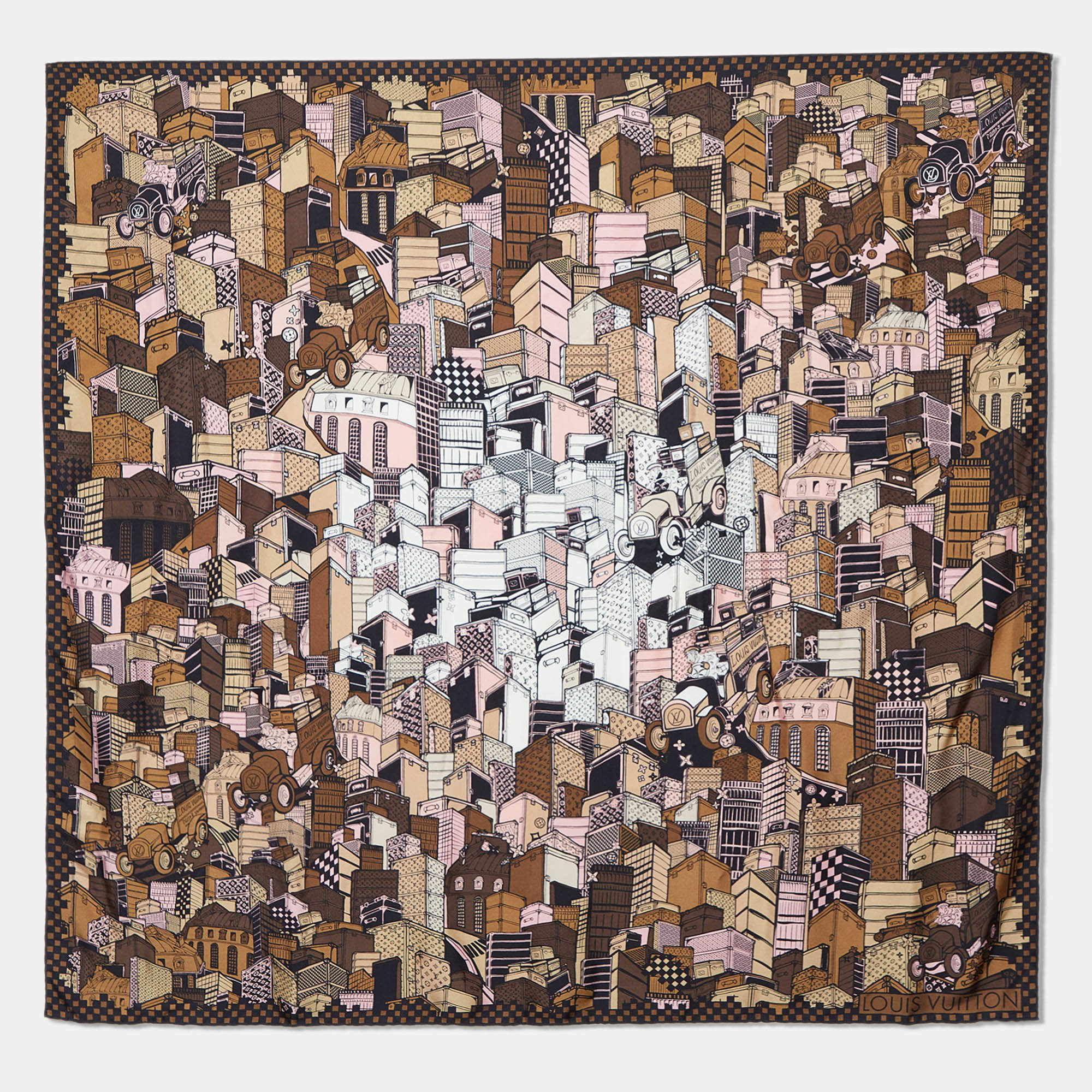 Pre Owned Louis Vuitton Brown Monogram Trunk Print Silk Scarf