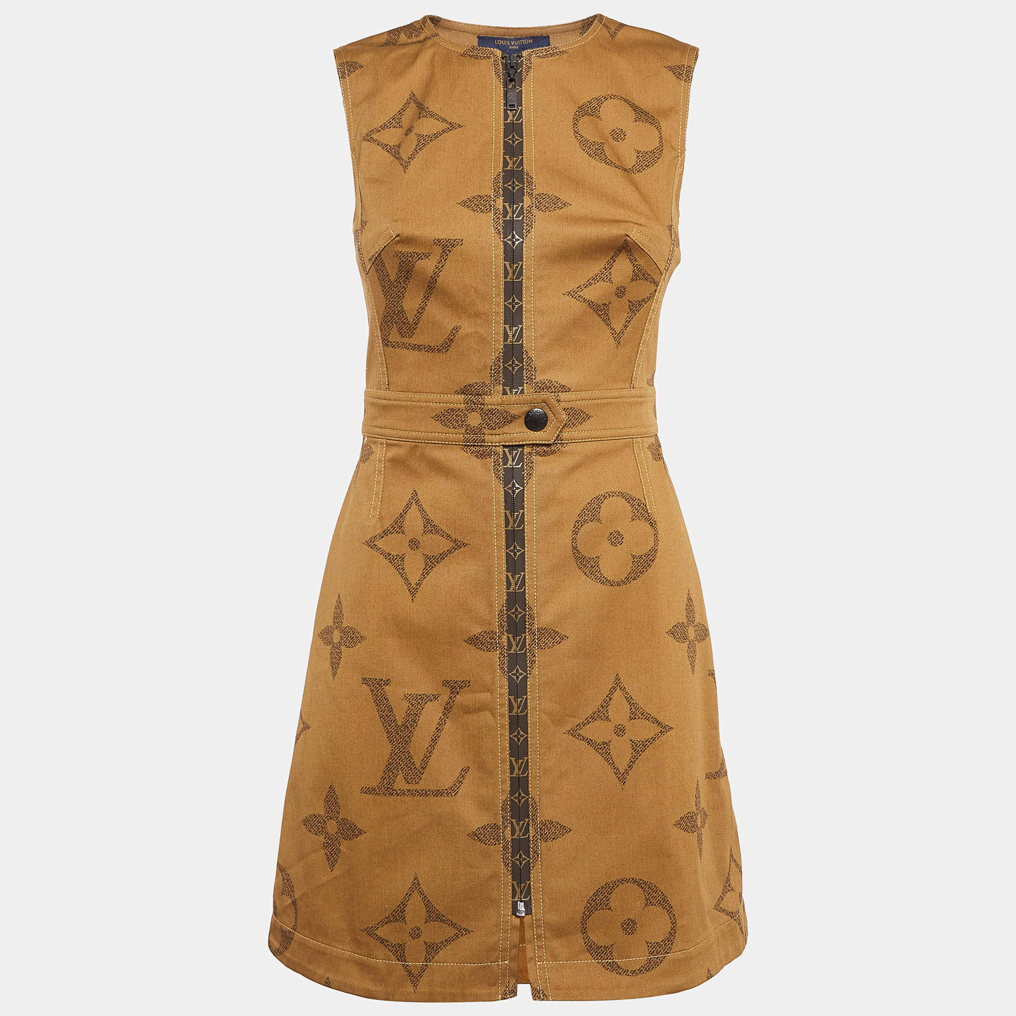 Pre Owned Louis Vuitton Brown Printed Cotton Front Zipped Mini Dress S