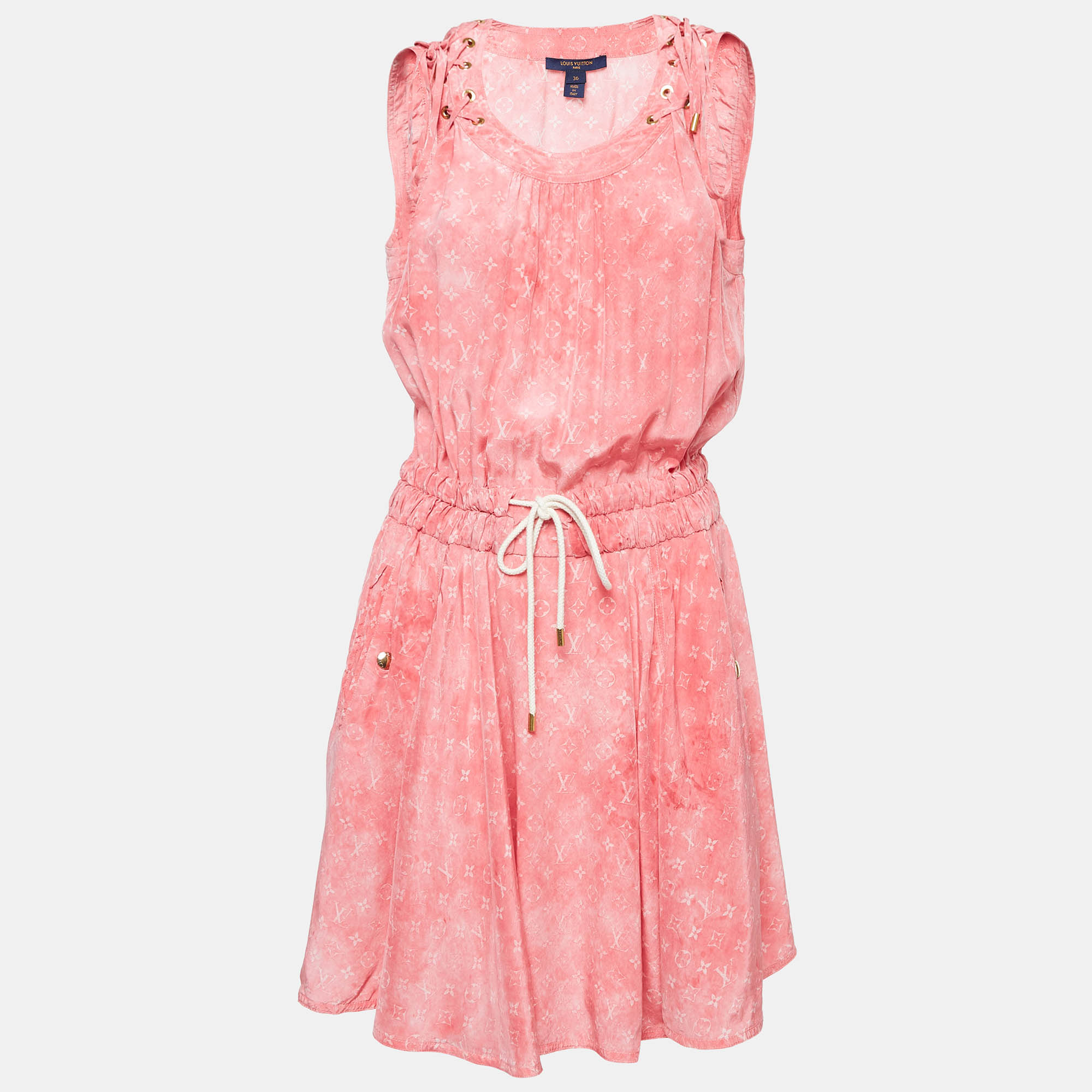 Pre Owned Louis Vuitton Pink Monogram Printed Silk Sleeveless Mini Dress S