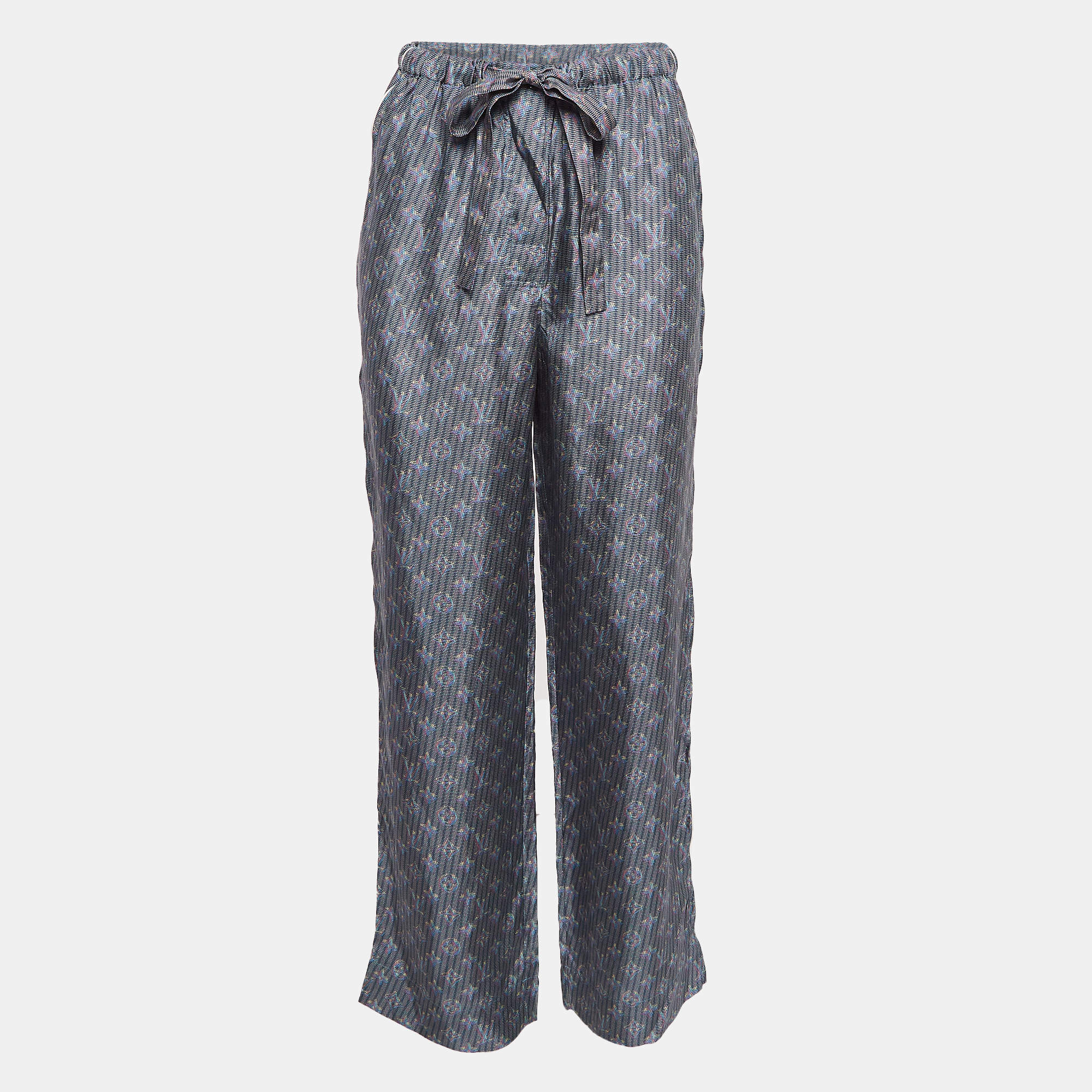 Louis Vuitton Blue Monogram Print Silk Wide-Leg Pants S