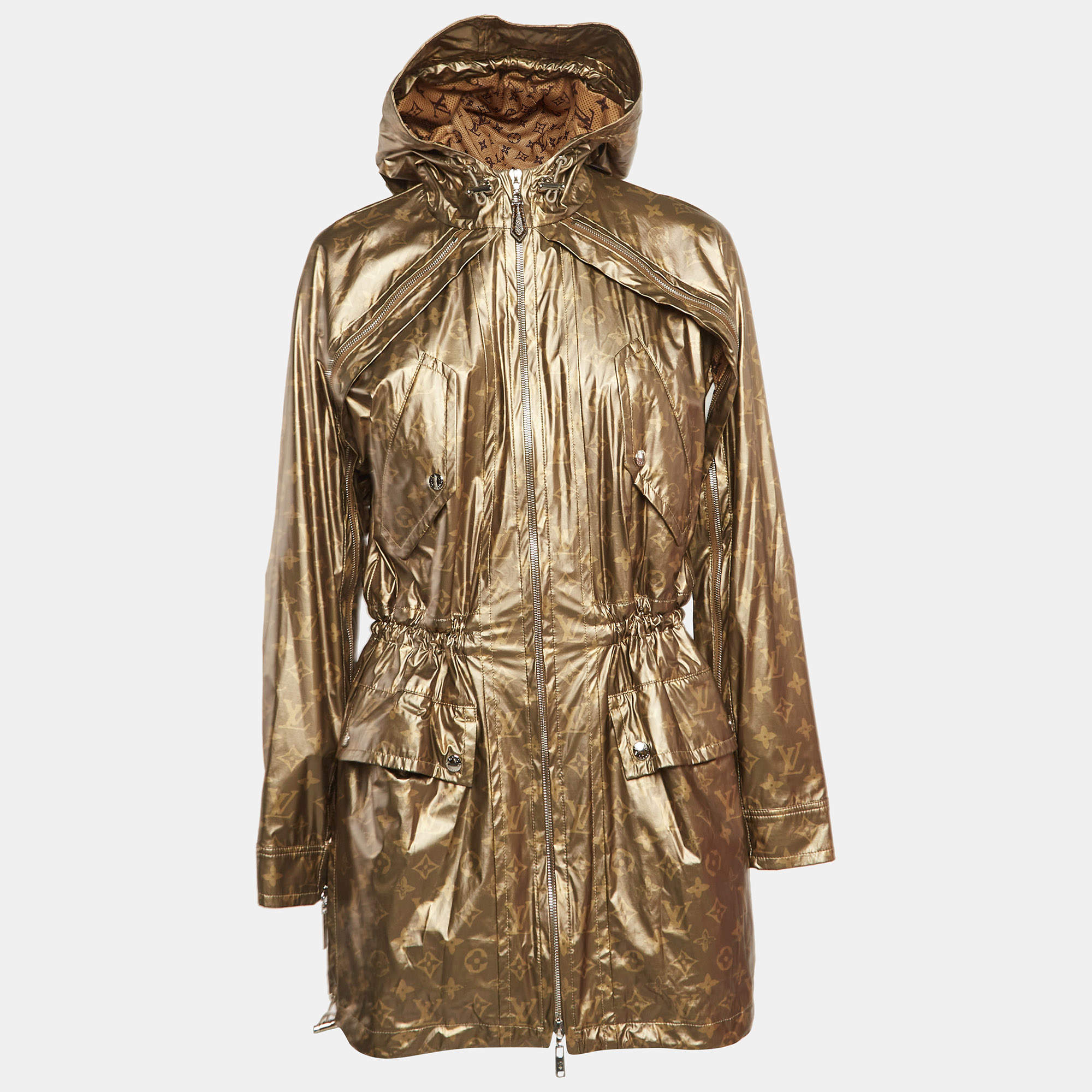 Pre Owned Louis Vuitton Metallic Monogram Print Modal Hooded Parka Coat S