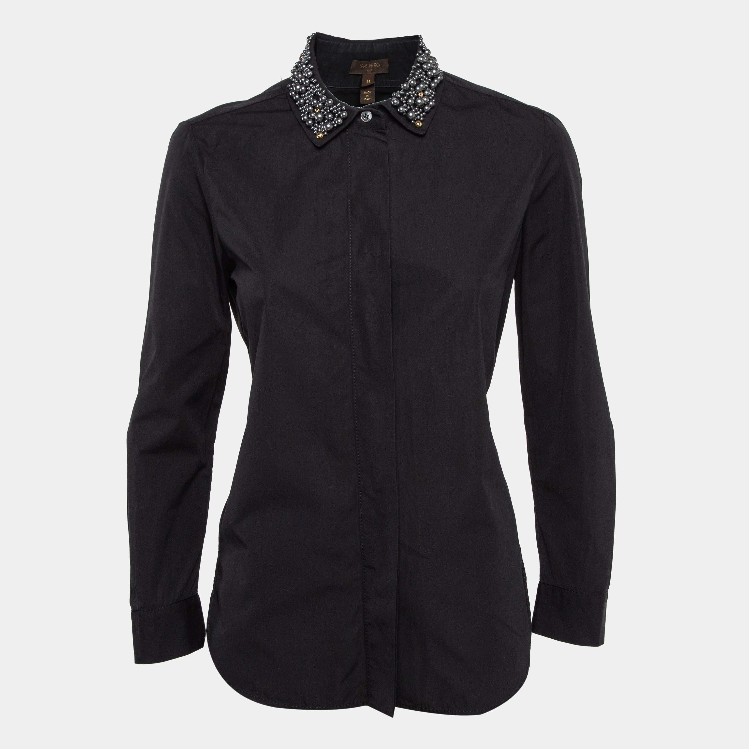 Louis Vuitton Black Cotton Beaded Collar Button Front Shirt S