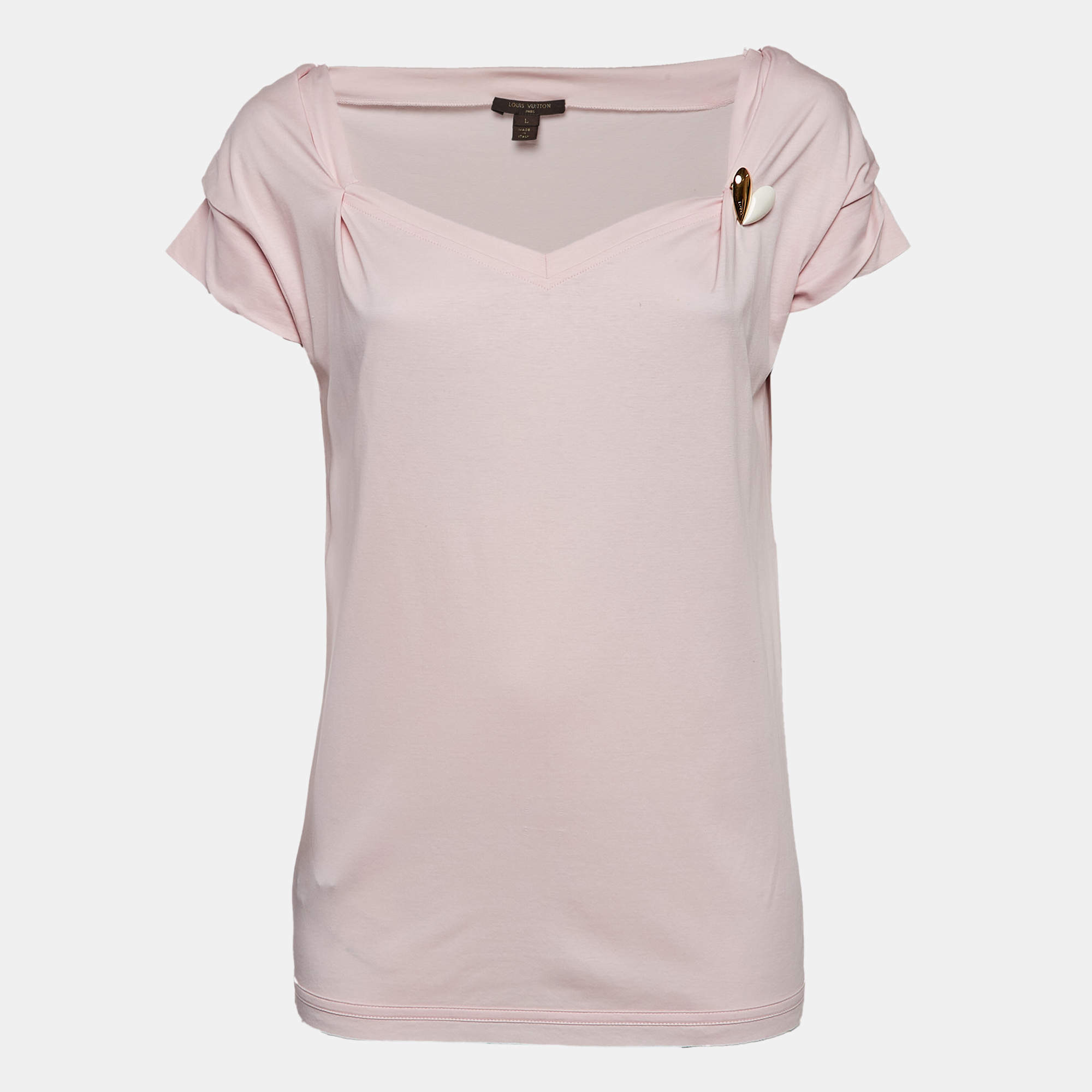 Pre Owned Louis Vuitton Pink Cotton Jersey Brooch Detail Top L