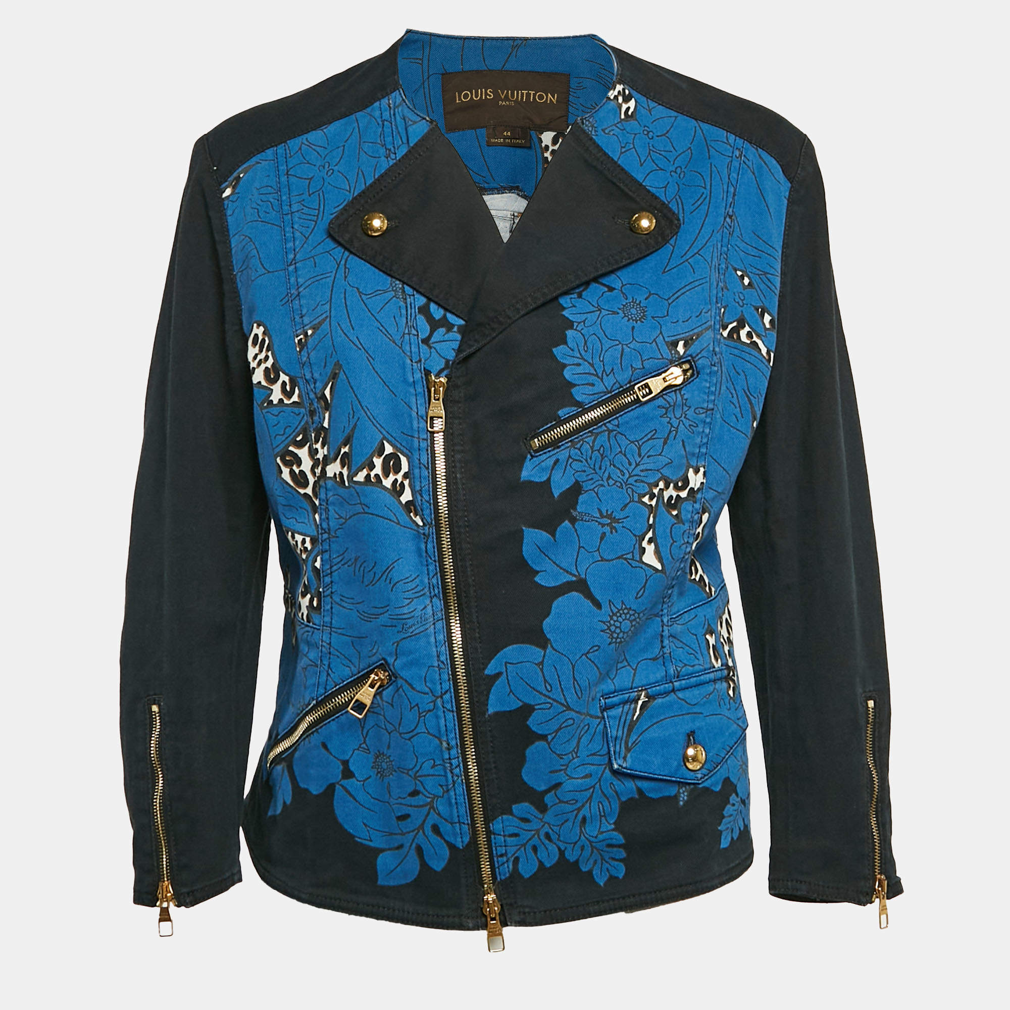 Louis Vuitton Blue Floral & Leopard Print Denim Zip Up Jacket L