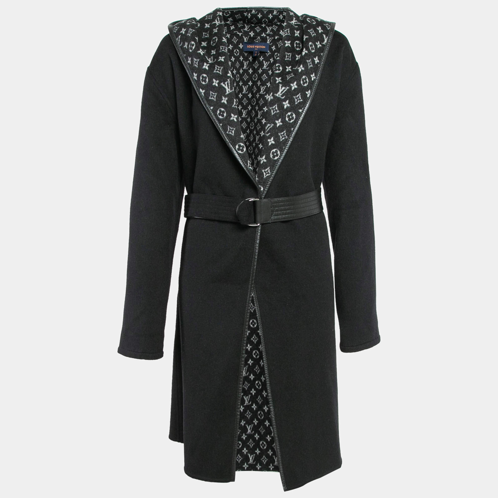 Louis Vuitton Black Wool Monogram Open-Front Hooded Coat M