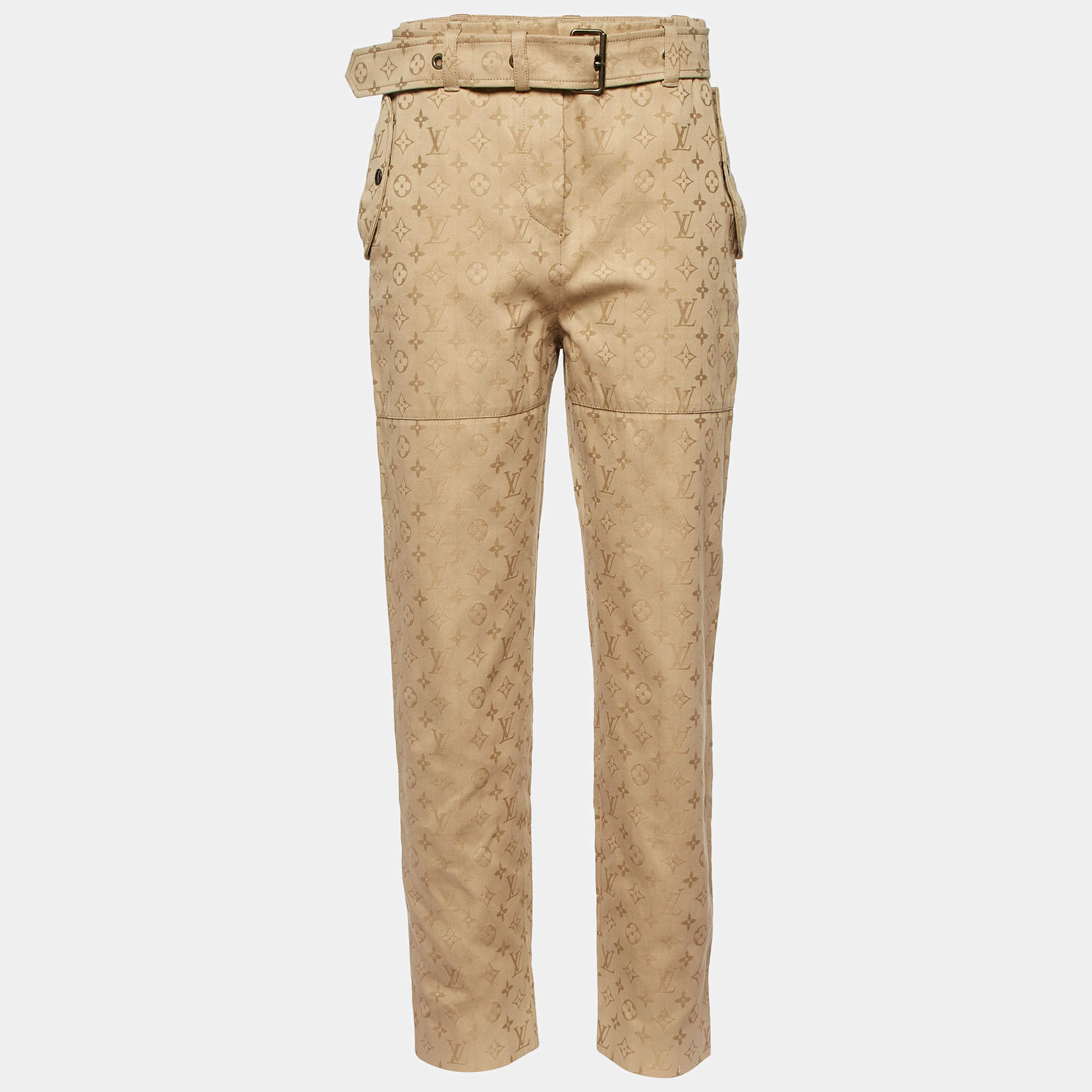 Pre Owned Louis Vuitton Beige Monogram Jacquard Cotton Belted Trousers M