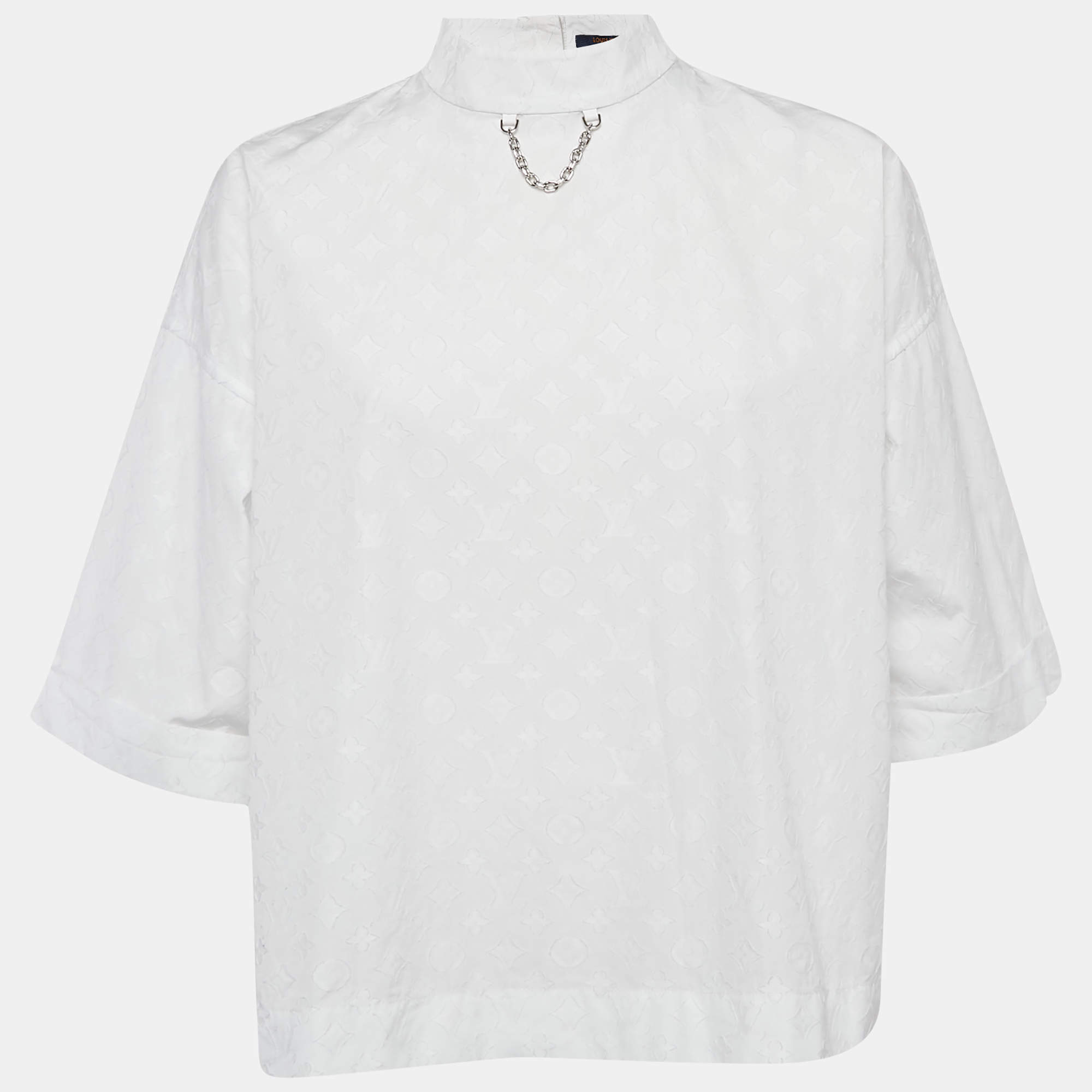 Pre Owned Louis Vuitton White Monogram Fil coupé Cotton Loose Fit Blouse S