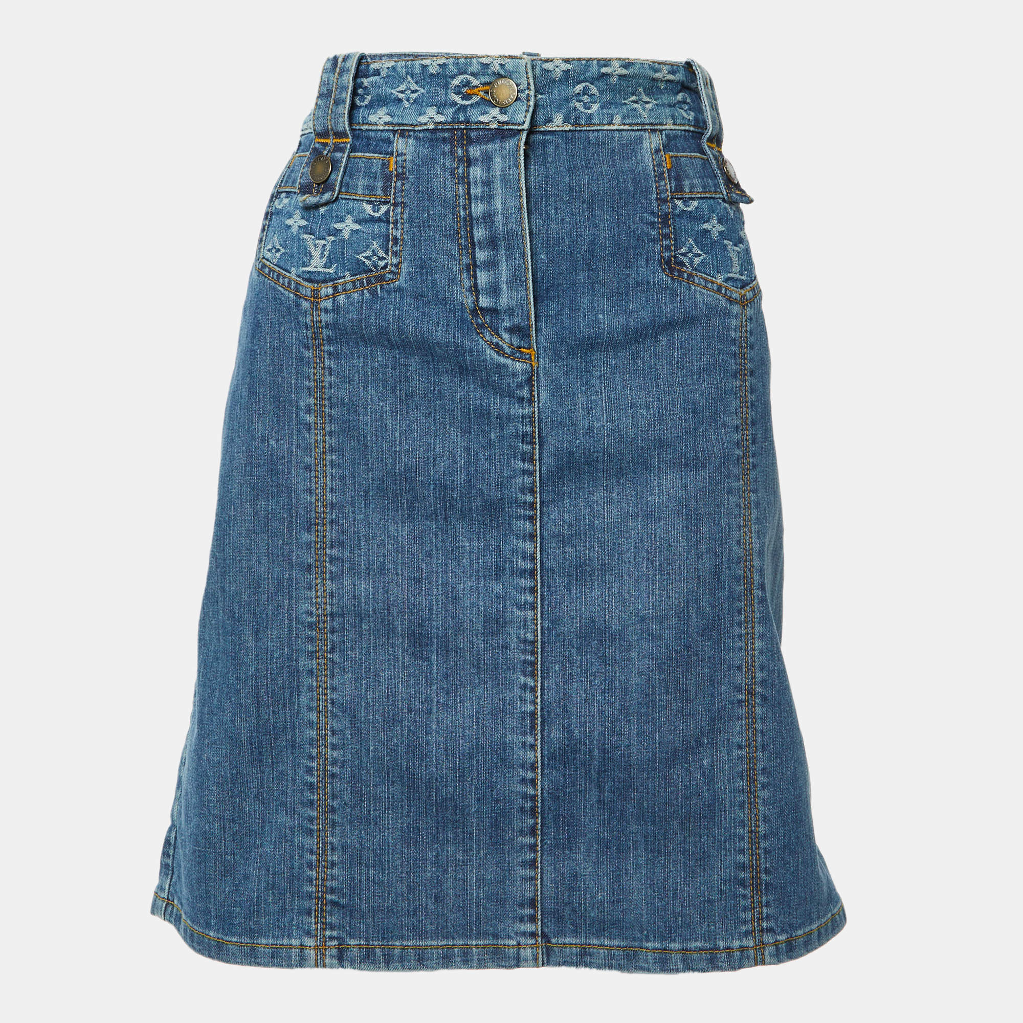 Louis Vuitton Blue Washed Denim Logo Jacquard Detail Skirt L