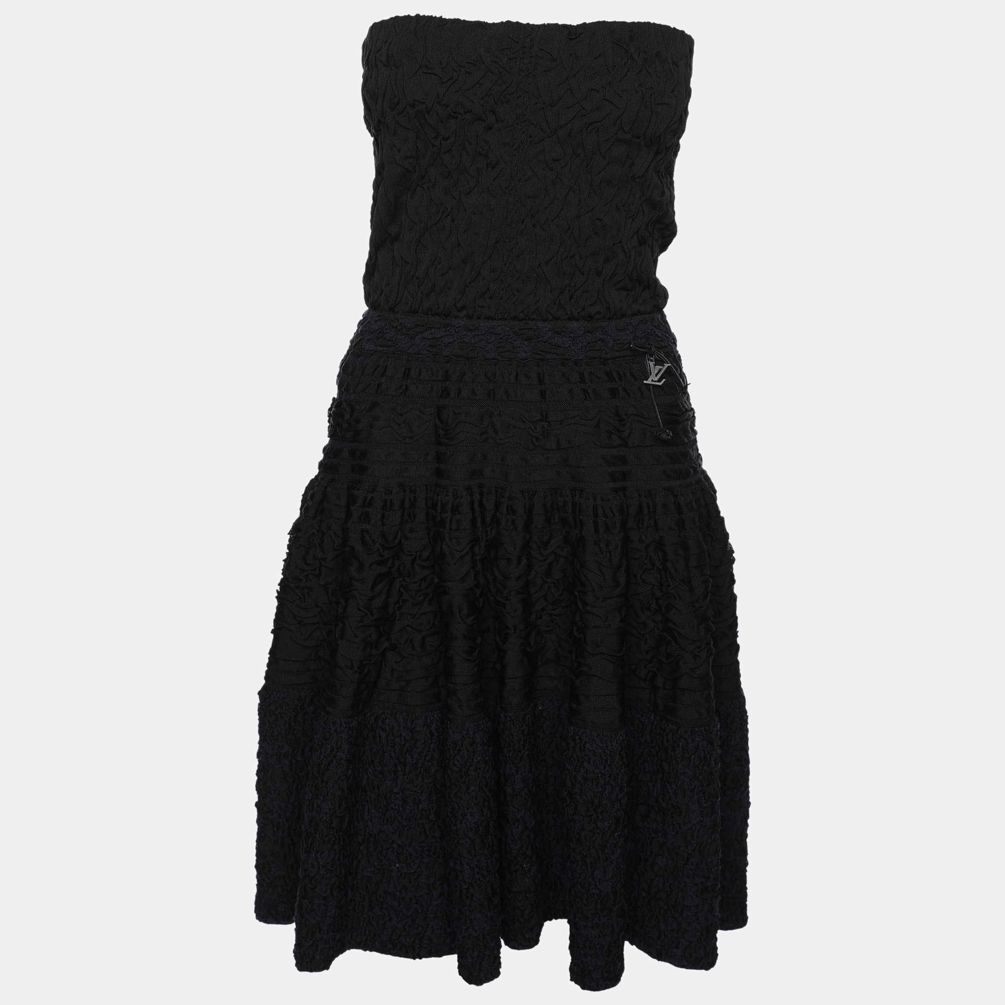 Pre Owned Louis Vuitton Black/Blue Silk Strapless Mini Dress S