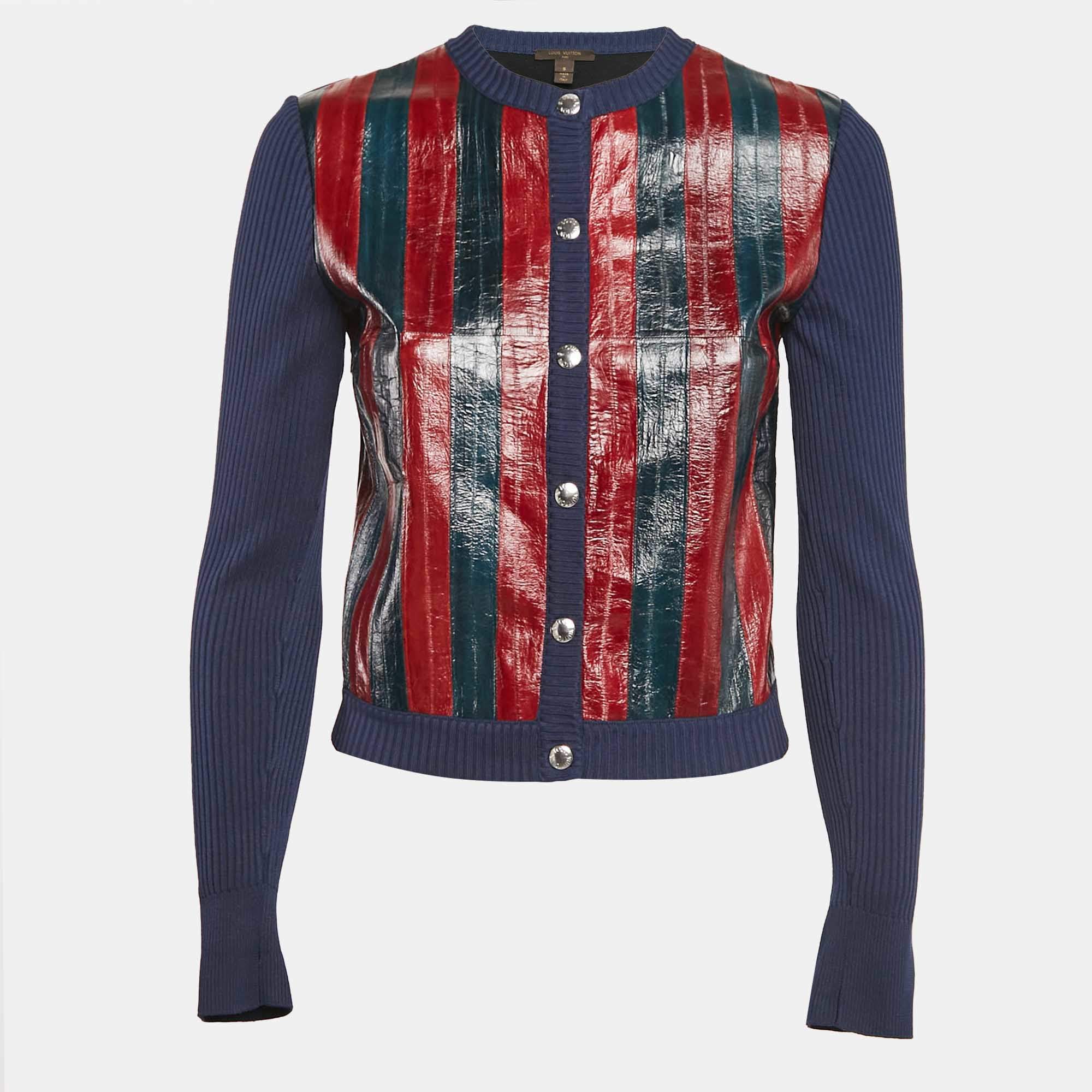 Louis Vuitton Blue/Red Striped Faux Leather and Knit Button Front Jacket S