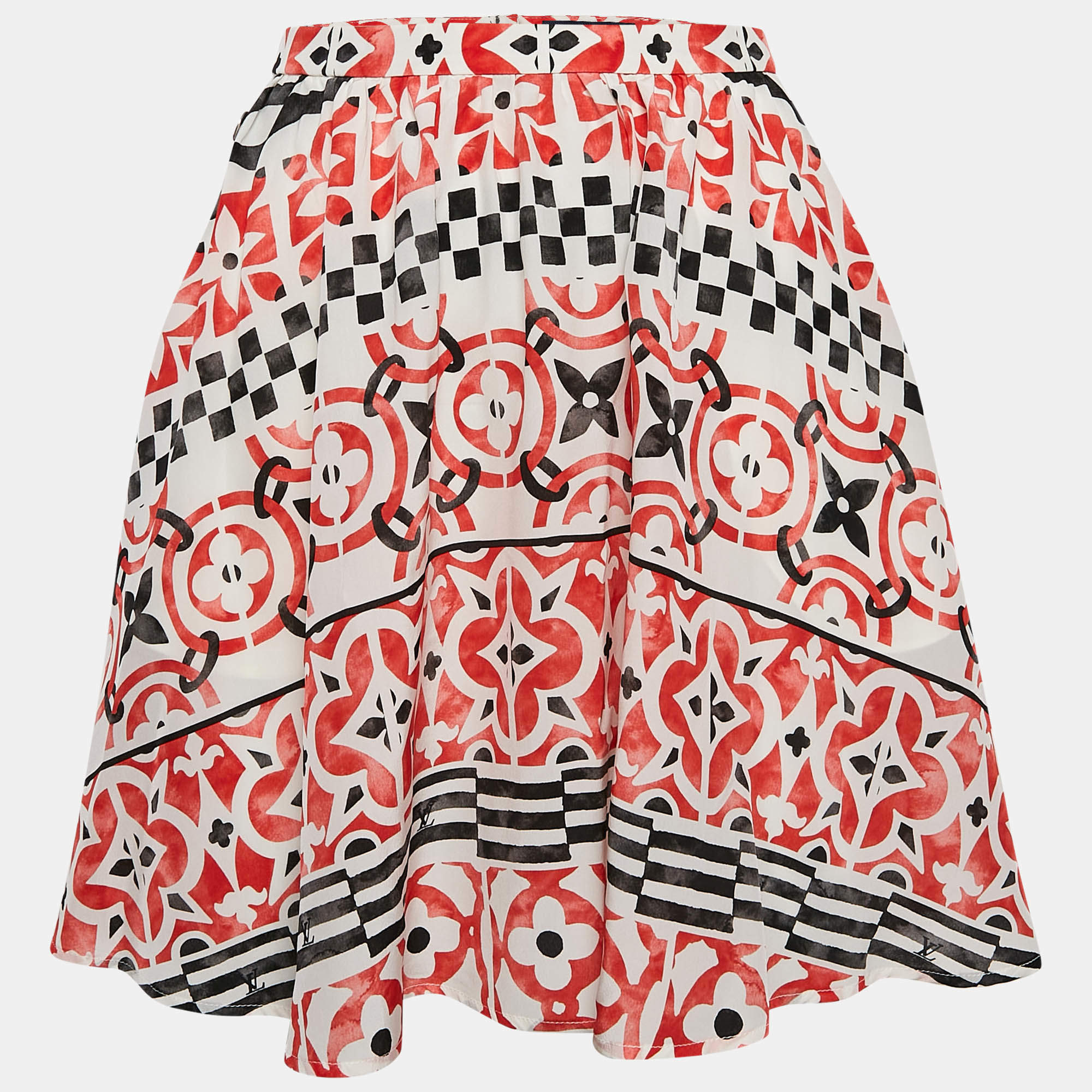 Louis Vuitton White Monogram Tile Print Silk Mini Skirt S
