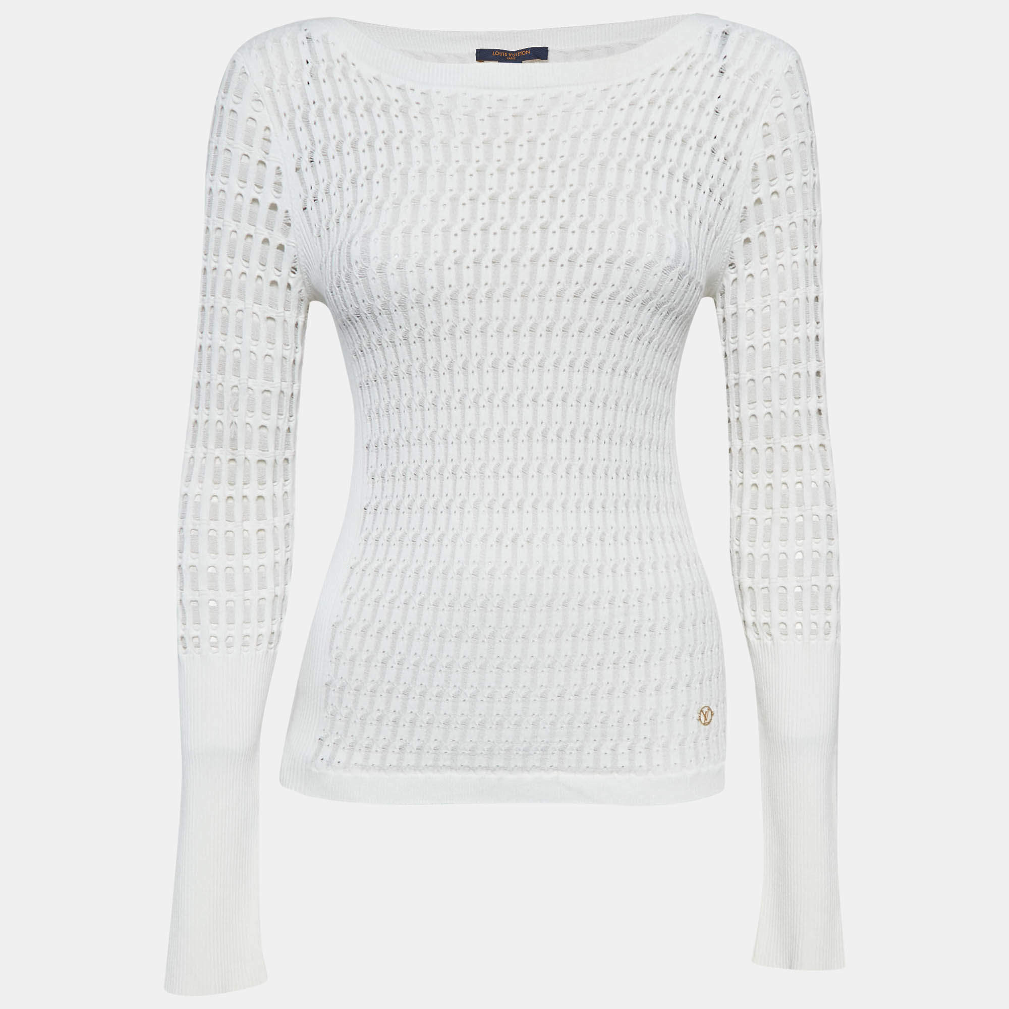 Pre Owned Louis Vuitton White Patterned Knit Full Sleeve Sweater Top M