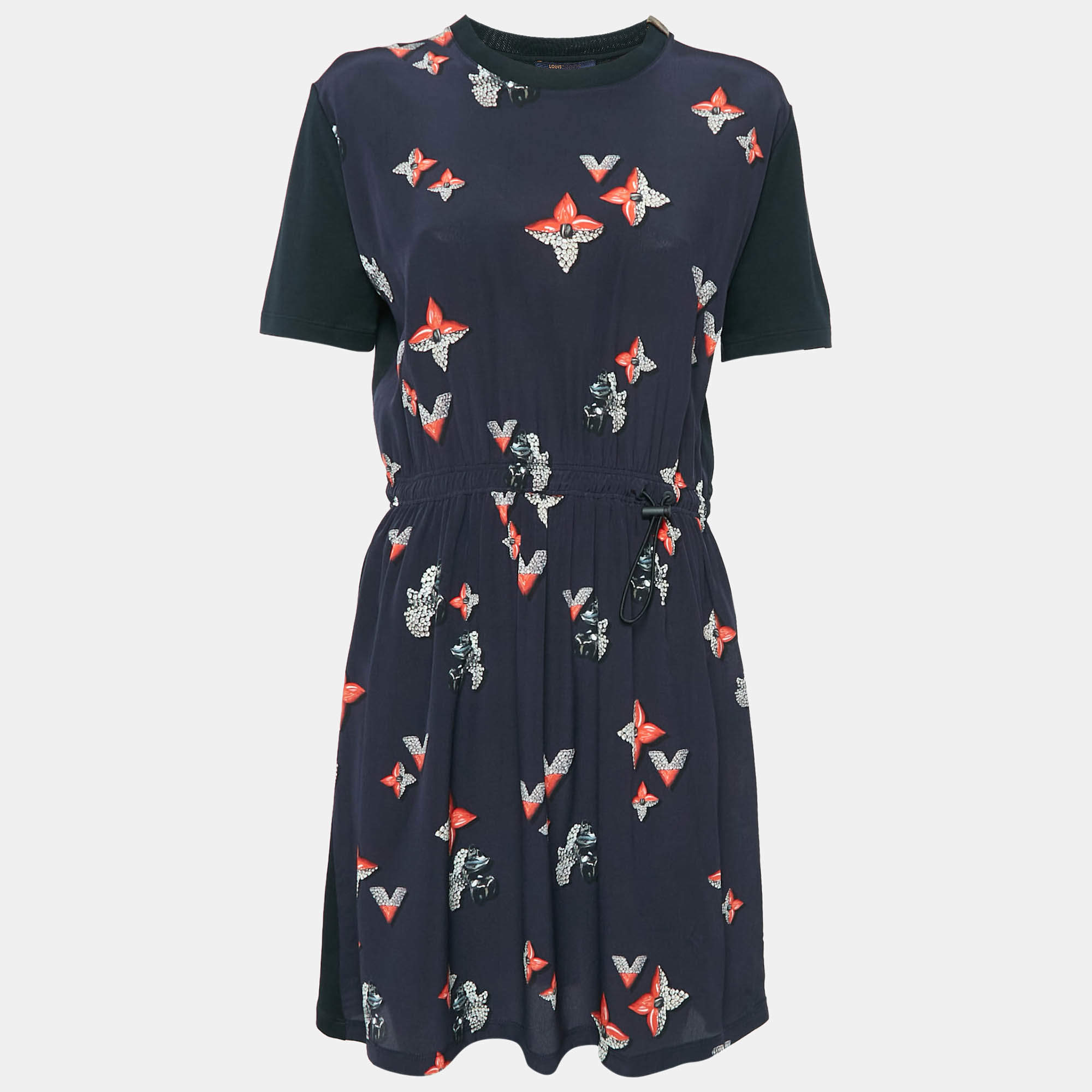 Louis Vuitton Navy Blue Printed Silk and Jersey Mini Dress L