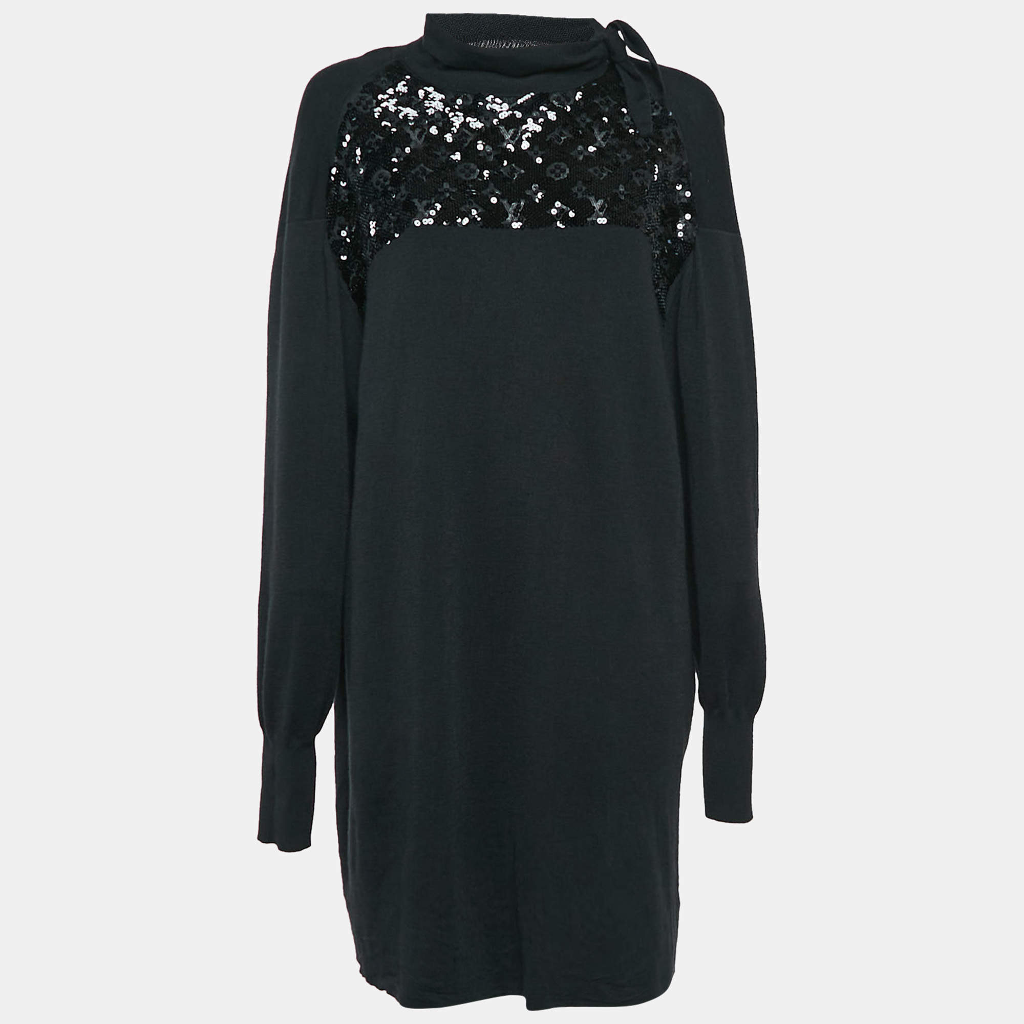 Louis Vuitton Black Sequin Monogram Embellished Wool Knit Sweater Dress XL