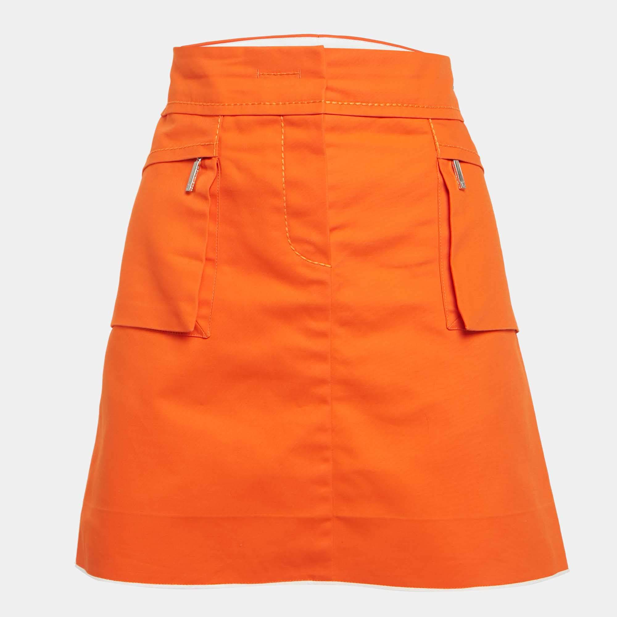 Pre Owned Louis Vuitton Orange Cotton Pocket Detail Mini Skirt M