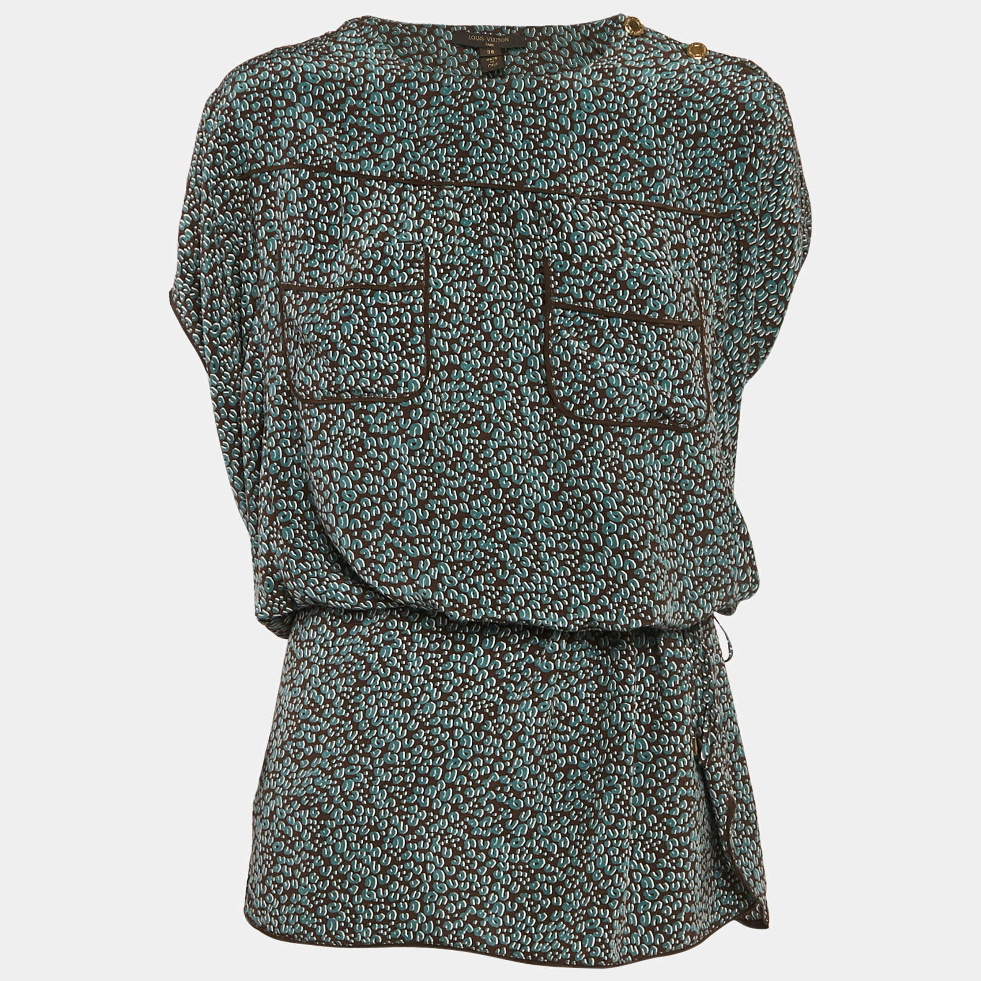 Pre Owned Louis Vuitton Brown/Blue Printed Silk Mini Dress M