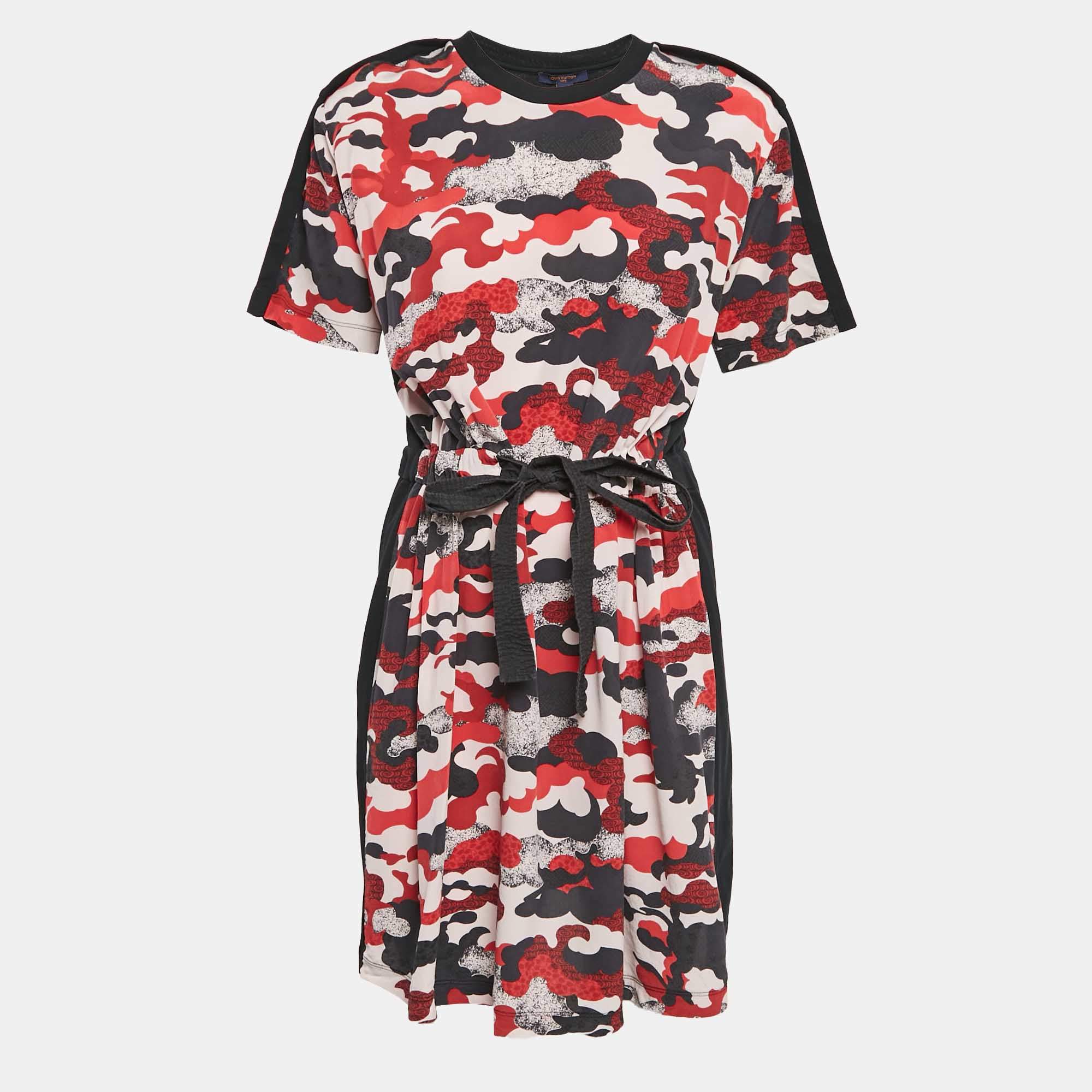 Pre Owned Louis Vuitton Black Printed Silk and Cotton Knit Tie-Up Waist Mini Dress XL