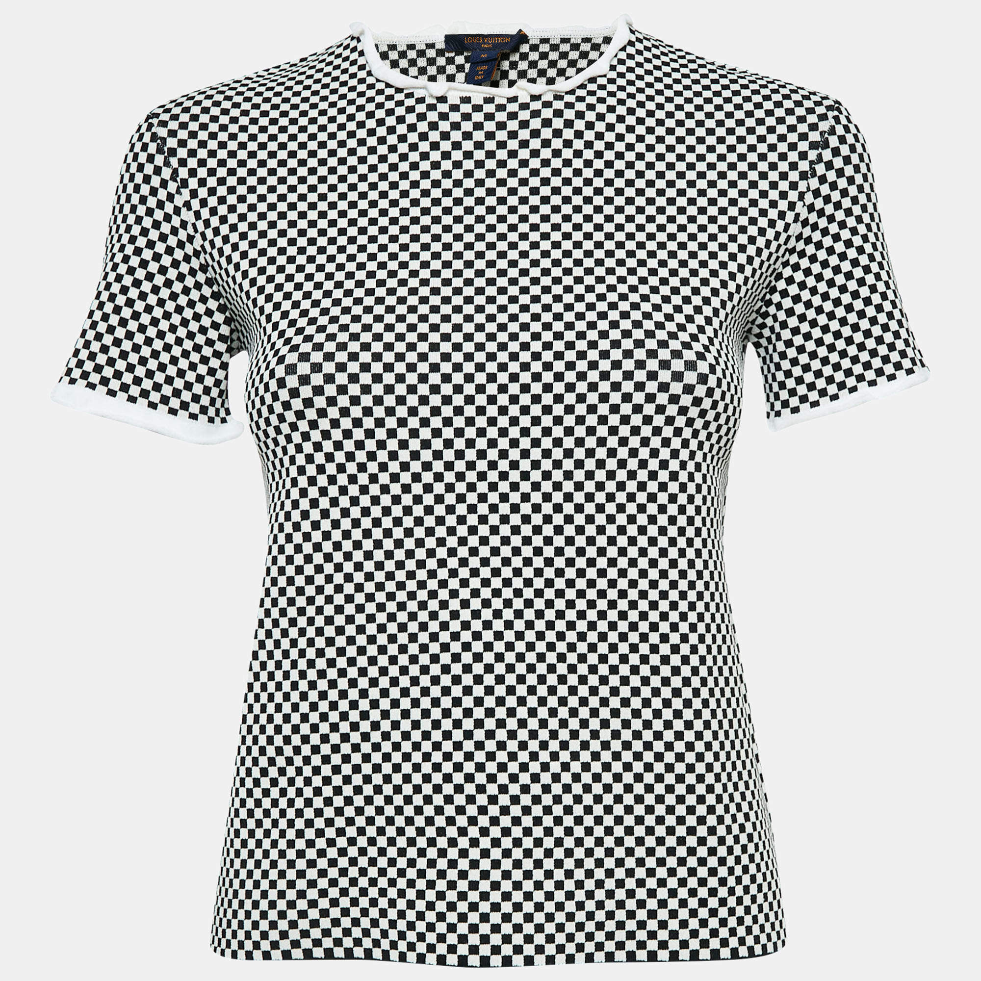 Pre Owned Louis Vuitton Black/White Micro Checked Jersey Top M