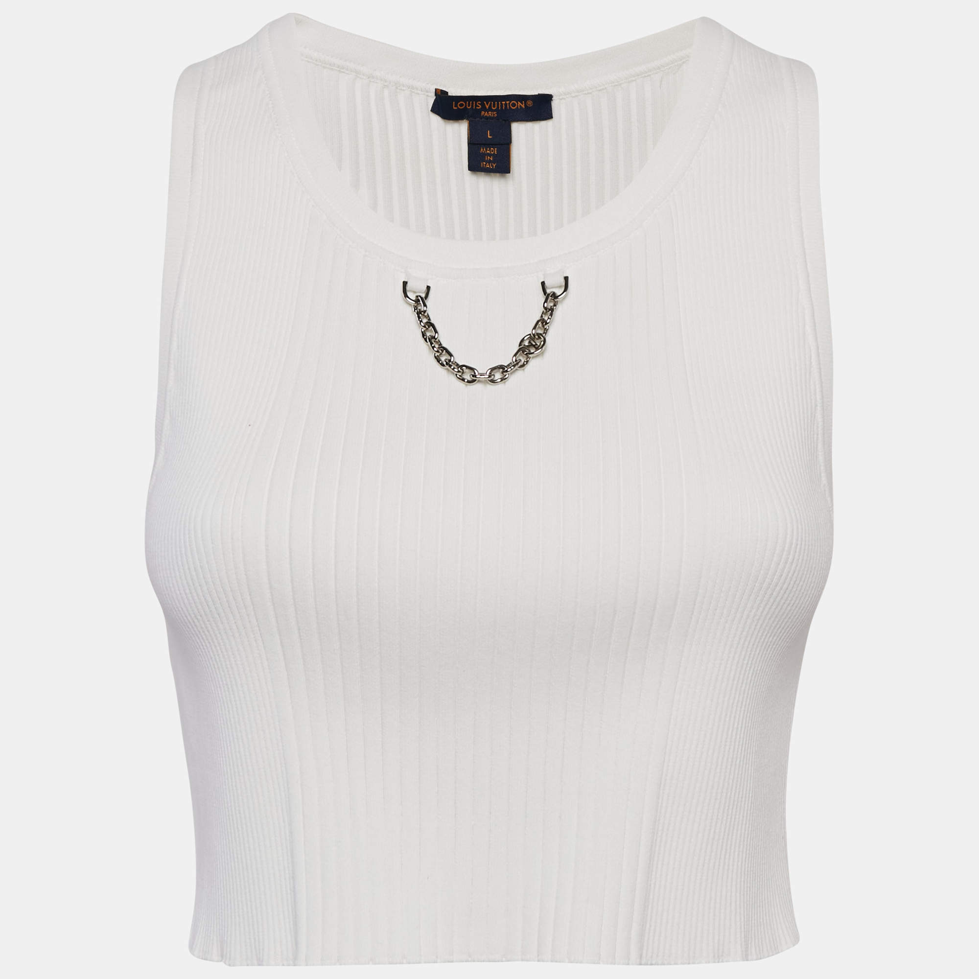Pre Owned Louis Vuitton White Rib Knit Chain Detail Tank Top L