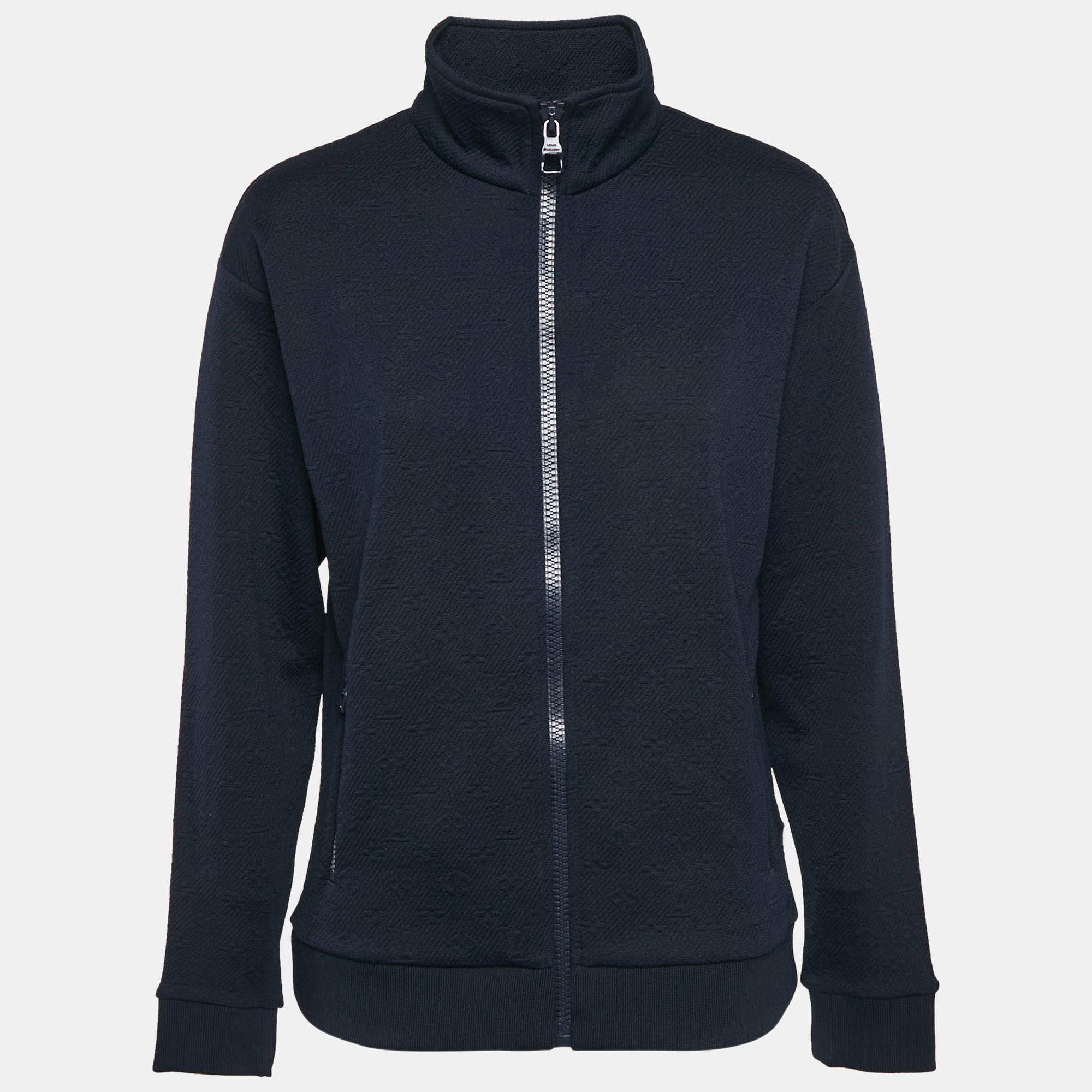 Louis Vuitton Navy Blue Monogram Jacquard Knit Zip Front Jacket XS