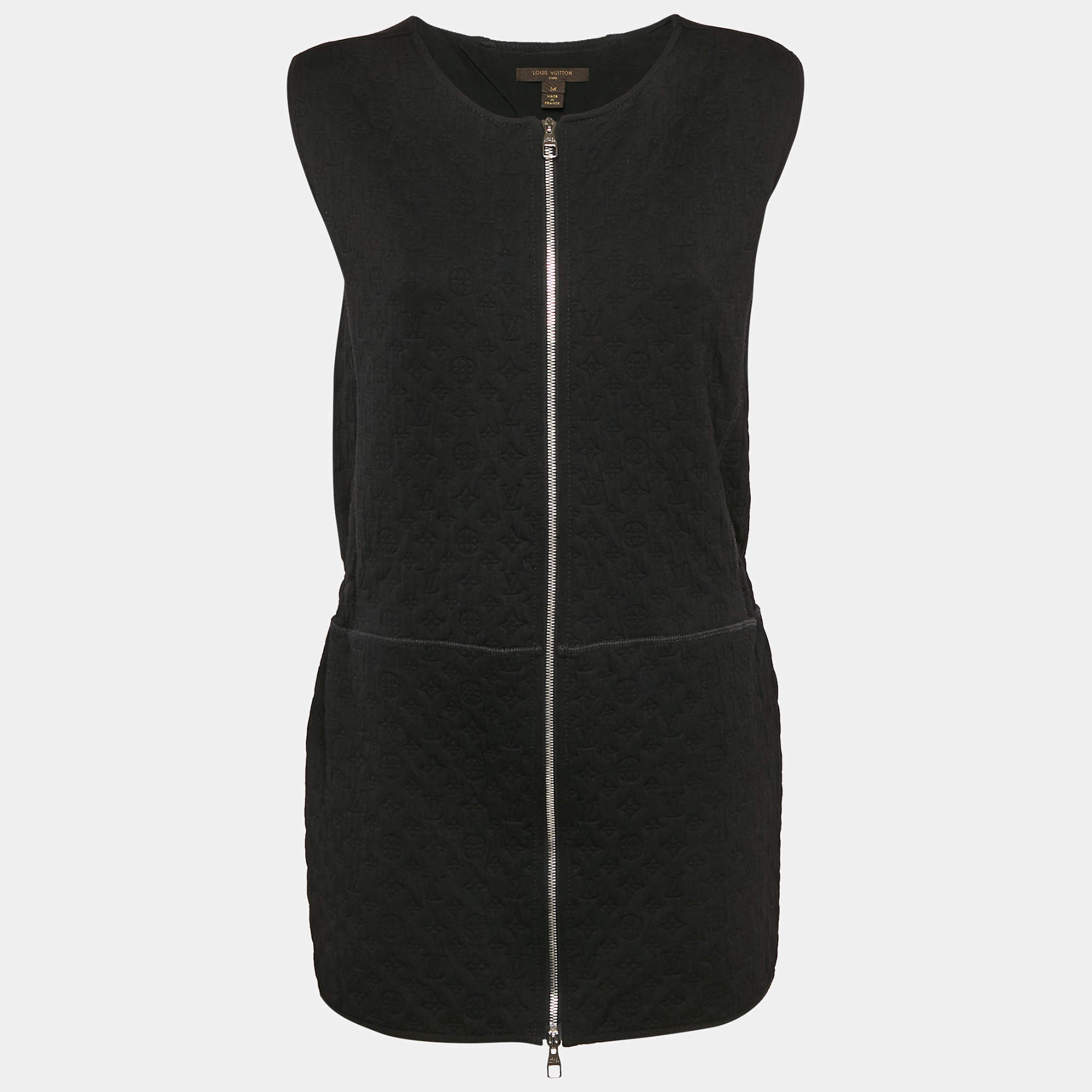 Pre Owned Louis Vuitton Black Logo Patten Jersey Zip-Up Mini Dress M