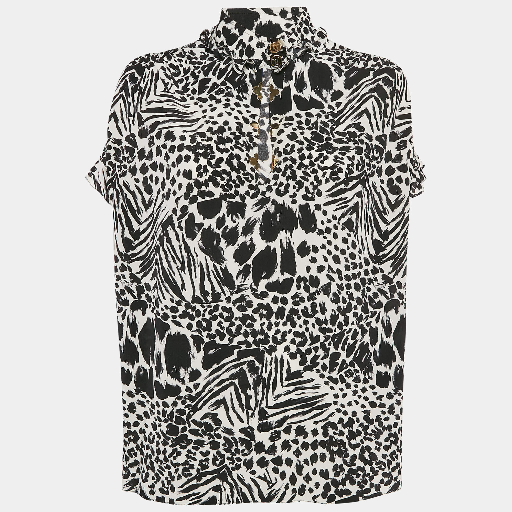 Louis Vuitton Black/White Printed Silk Metal Neck Detail Top M