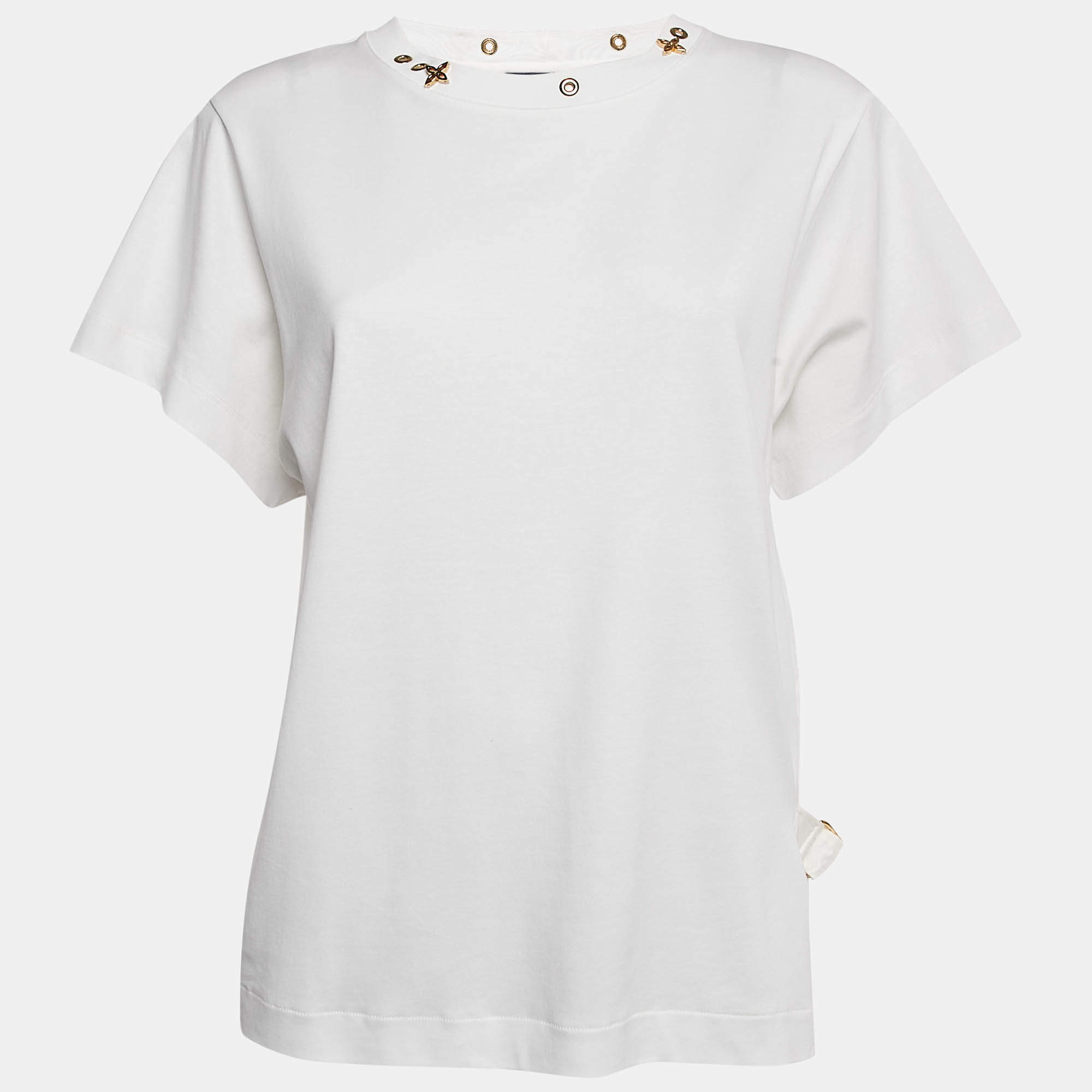 Pre Owned Louis Vuitton White Cotton Knit Neck Detail Top L