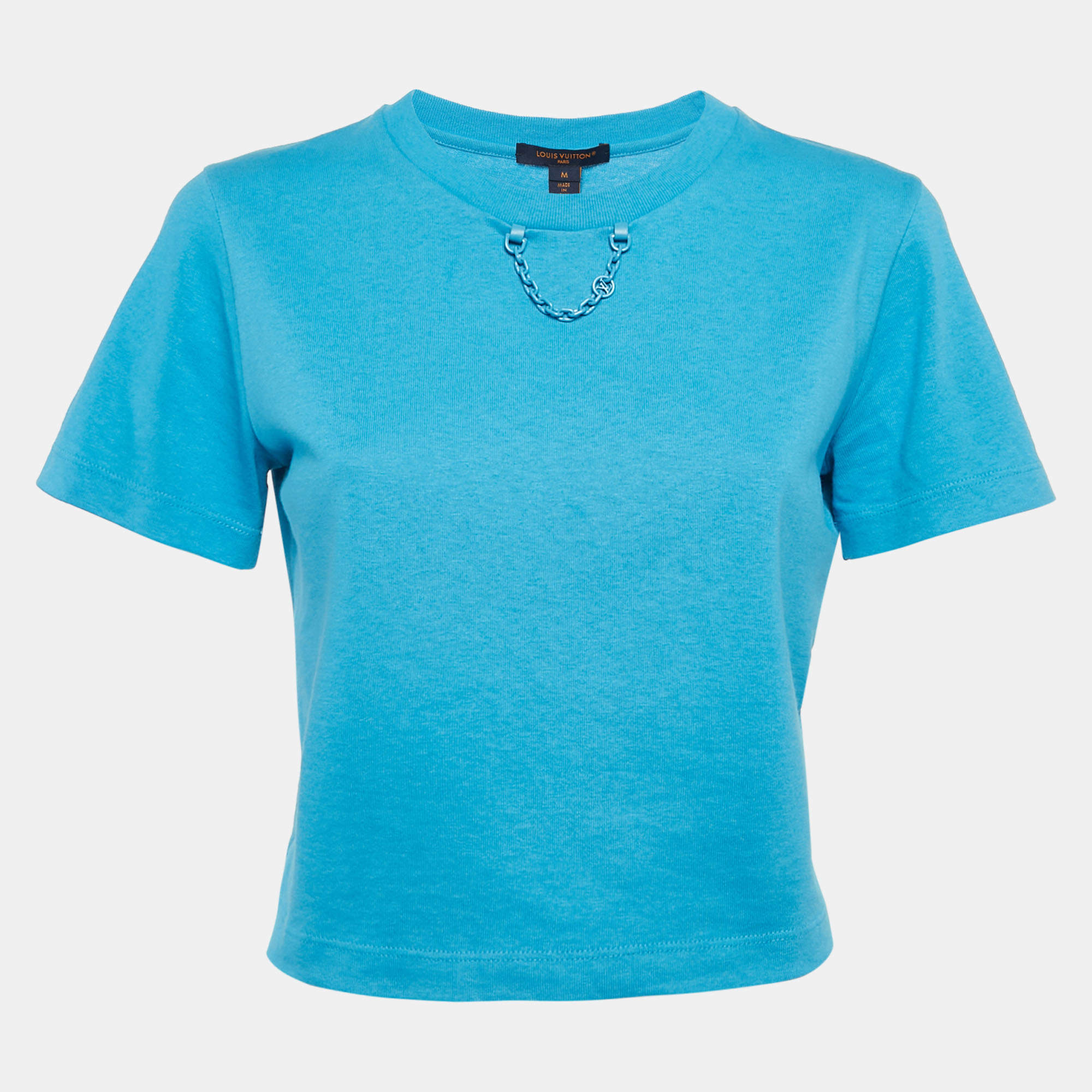 Pre Owned Louis Vuitton Blue Cotton Knit Crew Neck Crop Top M