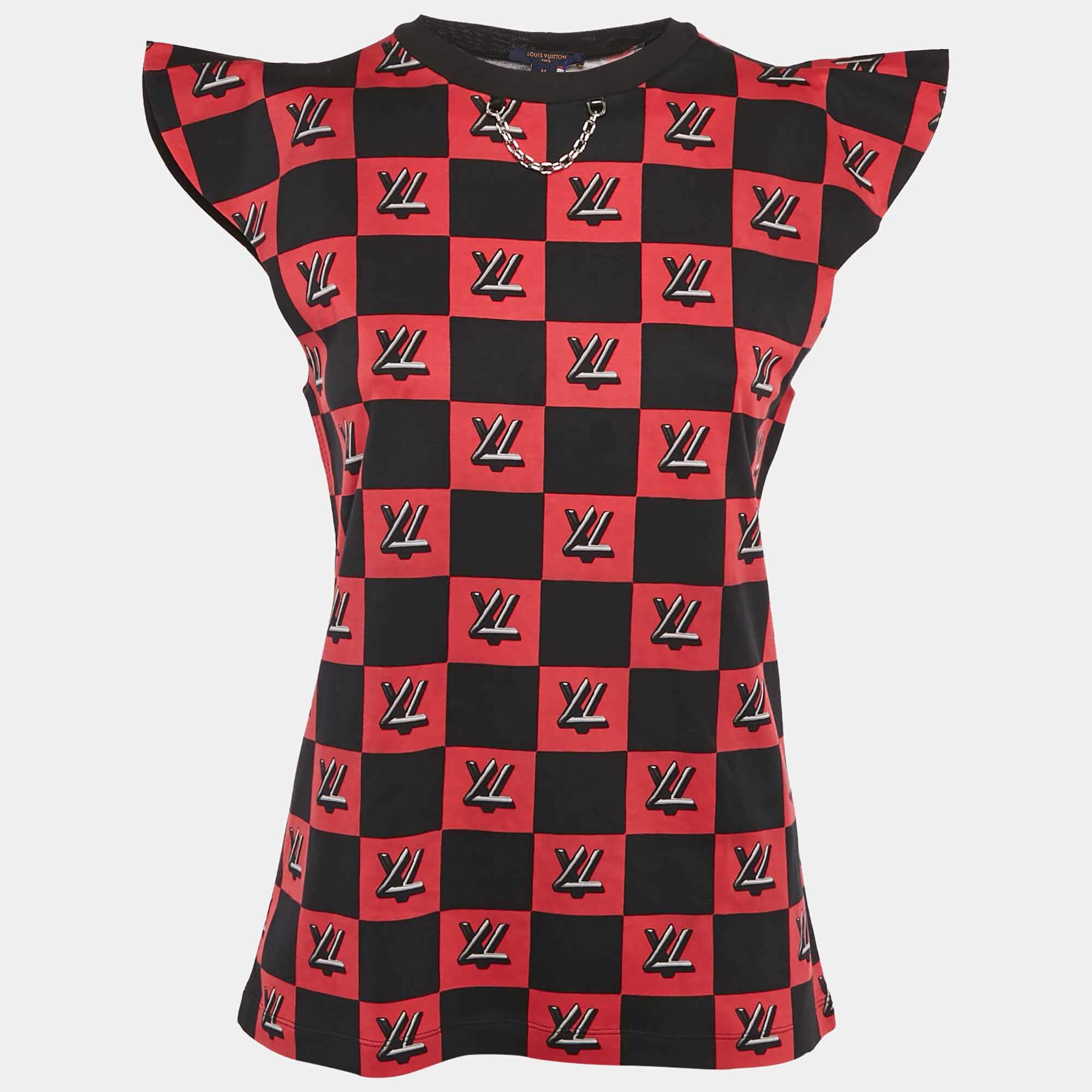 Louis Vuitton Black/Red Logo Checkered Jersey Cap Sleeve Top M