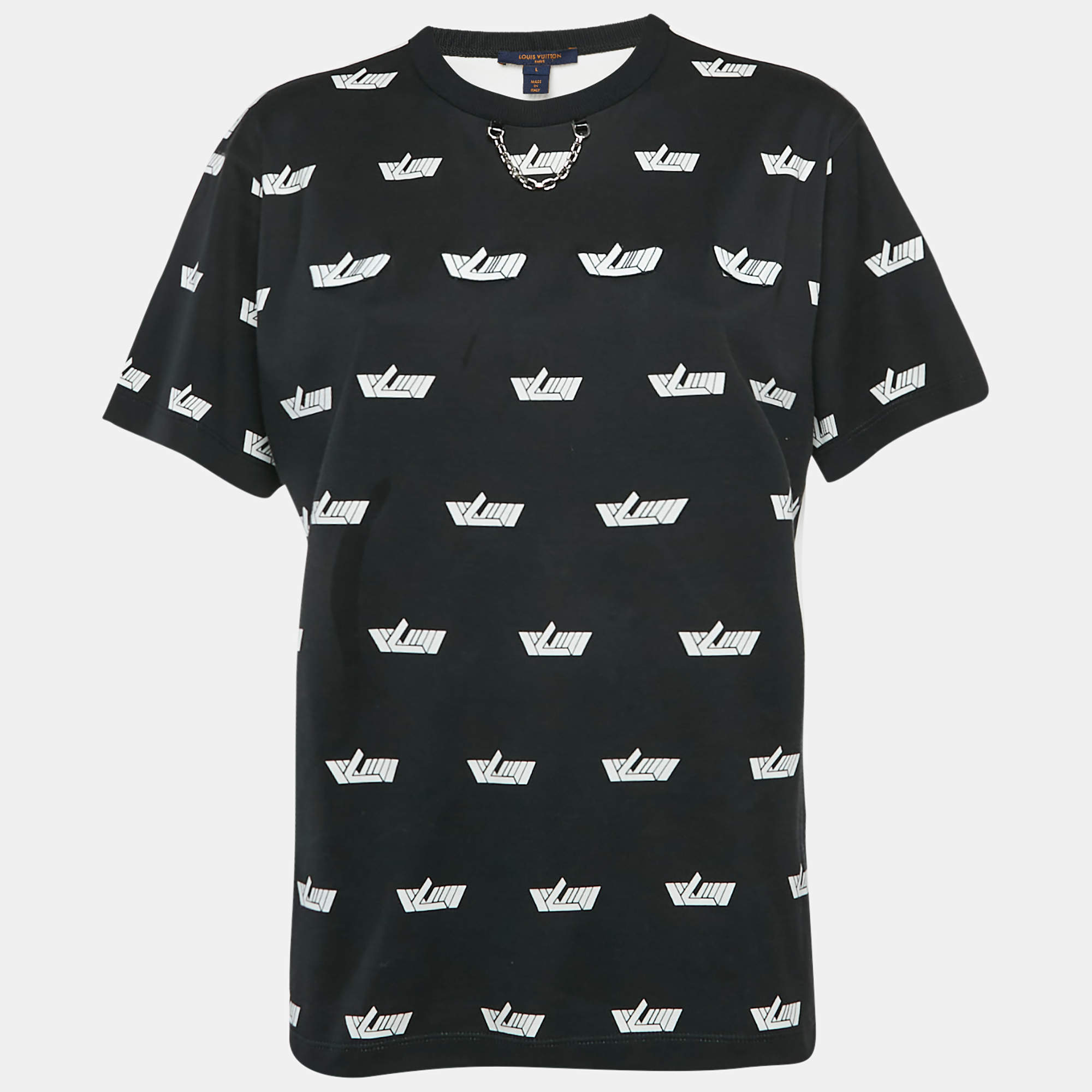 Pre Owned Louis Vuitton Black/White Logo Printed Cotton Chain Detail Crew Neck T-Shirt L