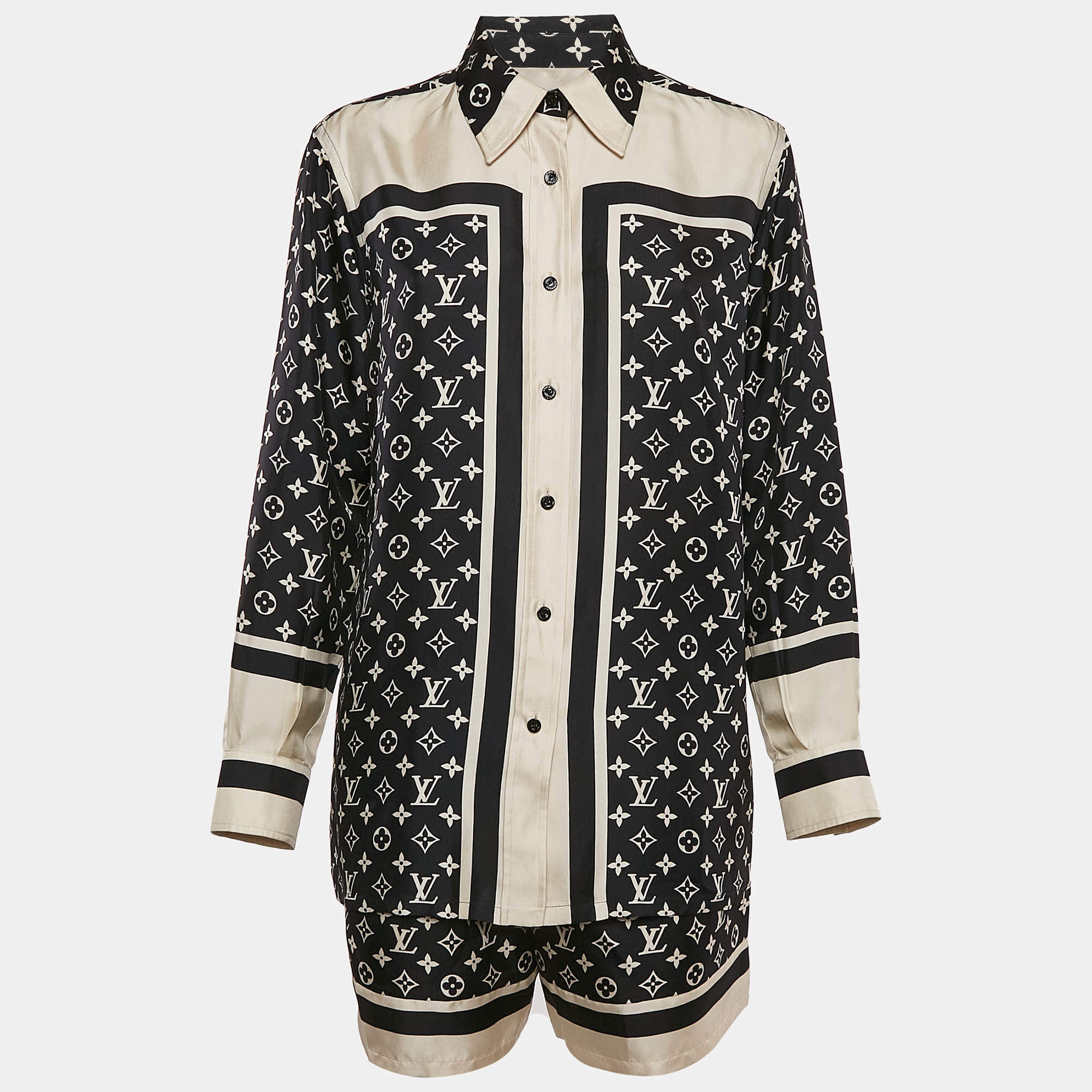 Louis Vuitton Black Monogram Print Silk Shirt and Shorts Set M