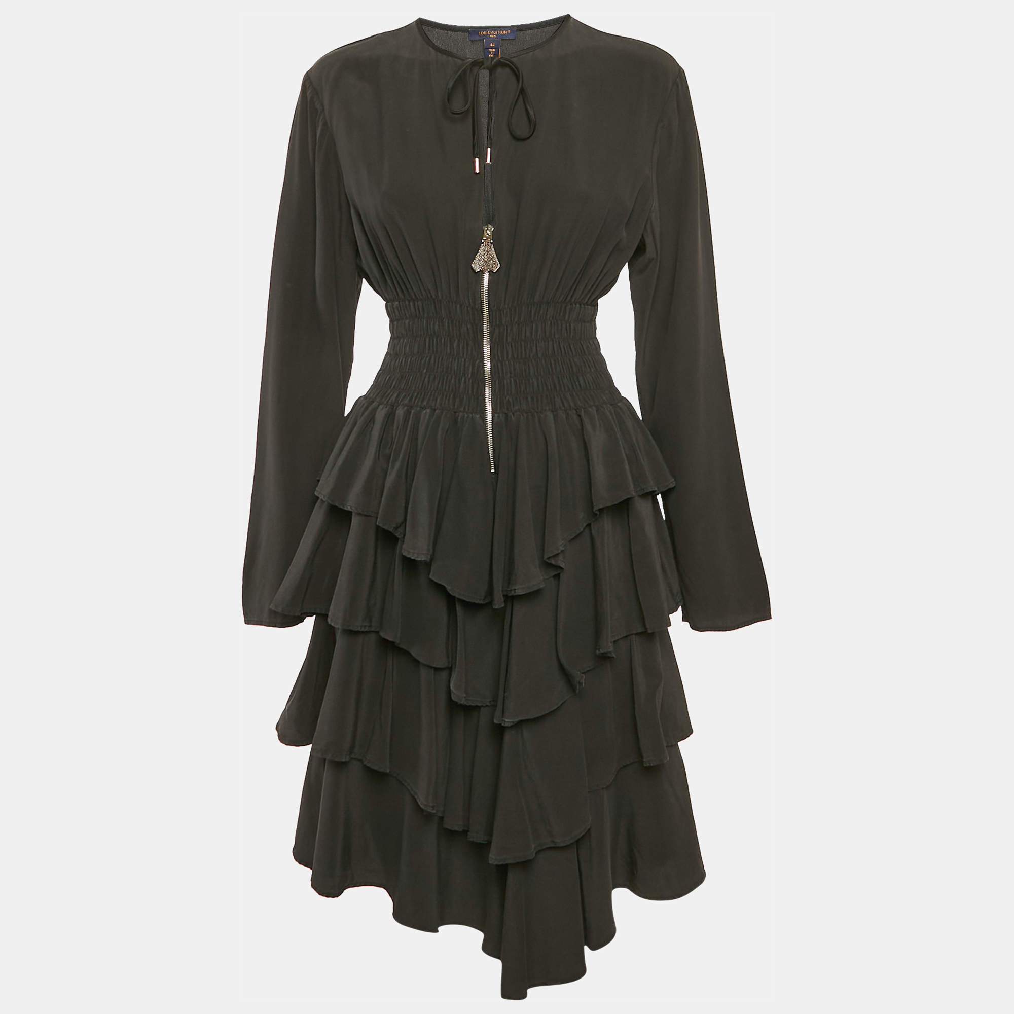 Louis Vuitton Black Crepe Shirring Detail Tiered Short Dress L