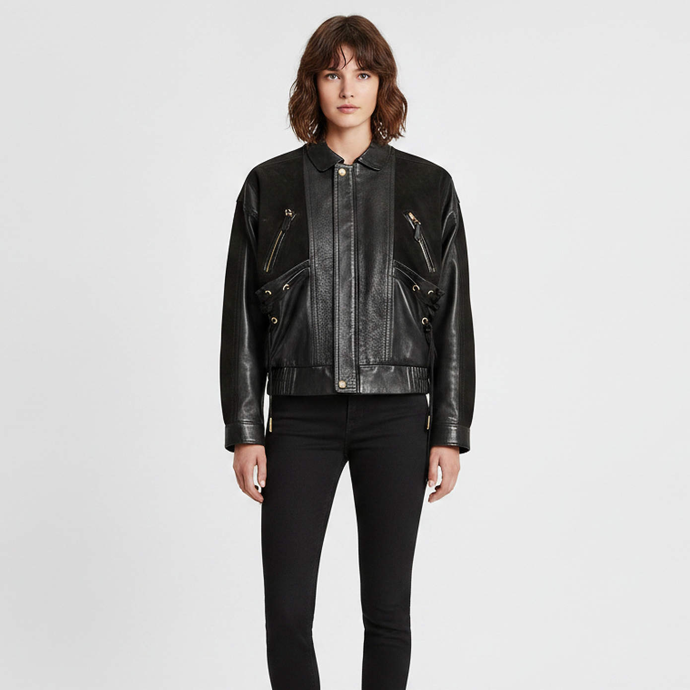 Pre Owned Louis Vuitton Black Velvet and Leather Lace-Up Biker Jacket M
