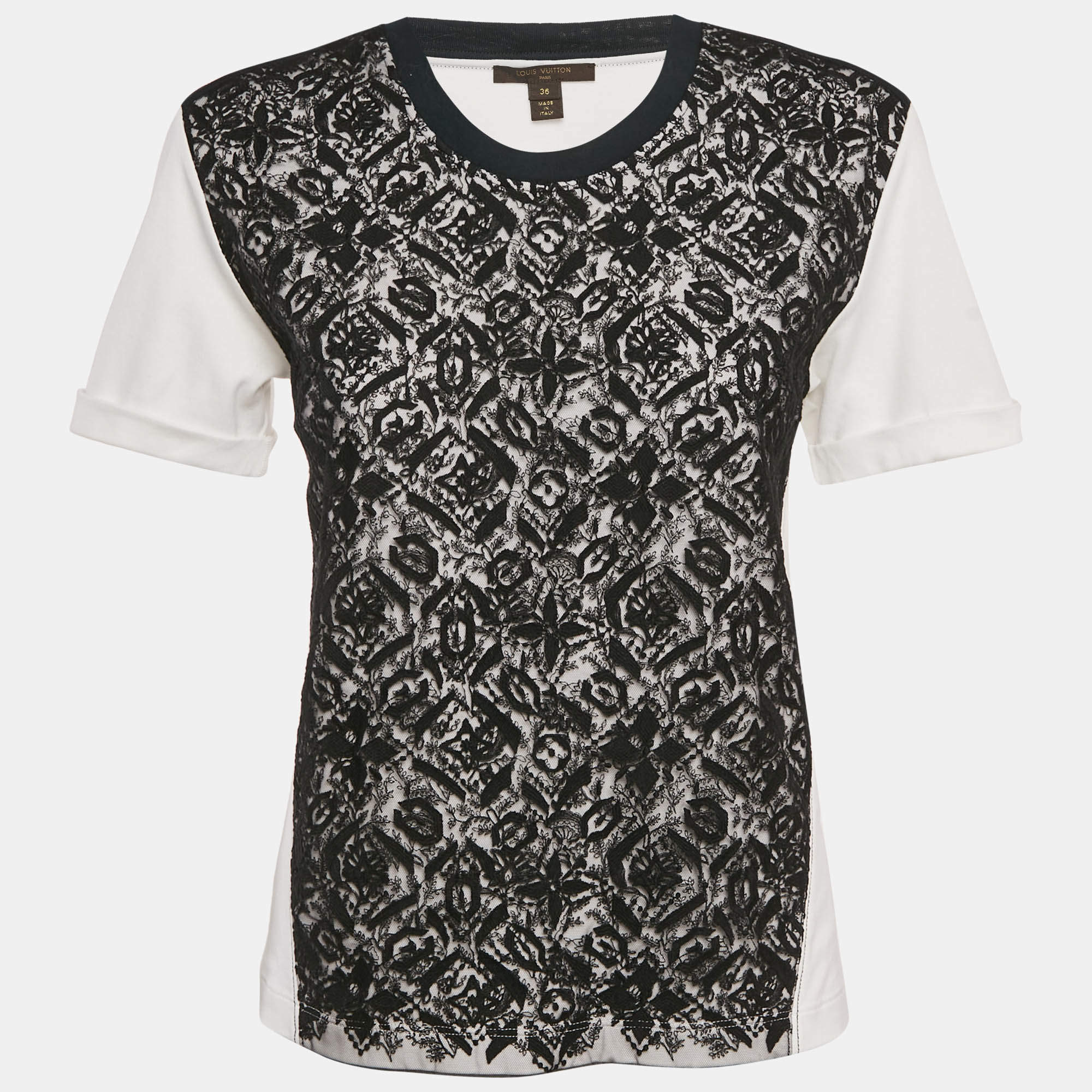 Pre Owned Louis Vuitton White/Black Cotton Lace Overlay Detail Crew Neck T-Shirt S