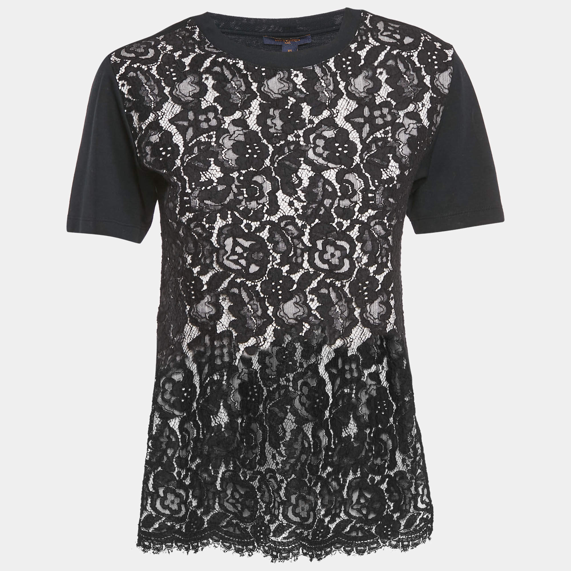 Pre Owned Louis Vuitton Black Cotton Lace Overlay Crew Neck T-Shirt XS