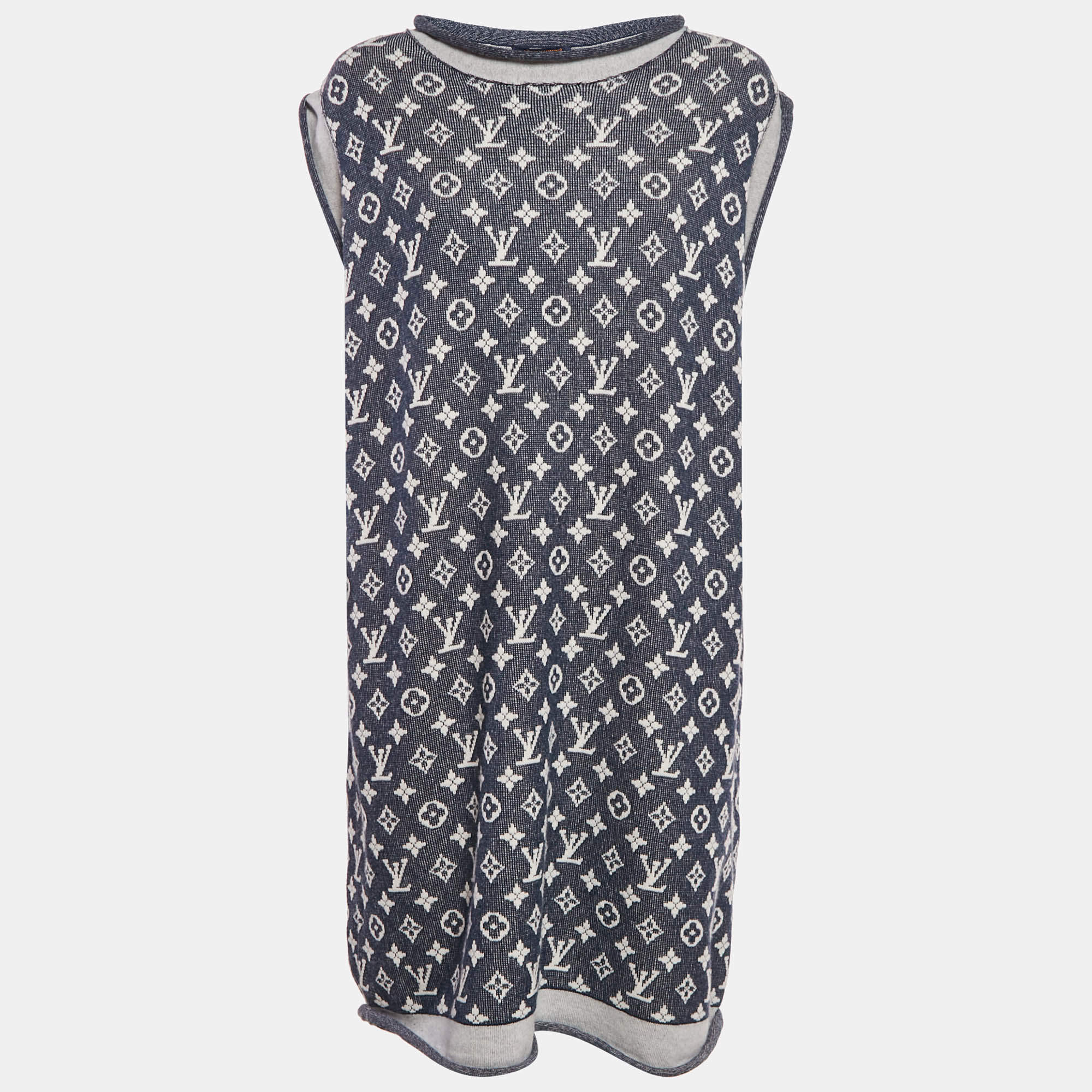 Louis Vuitton Blue Logo Jacquard Knit Sleeveless Short Dress XL