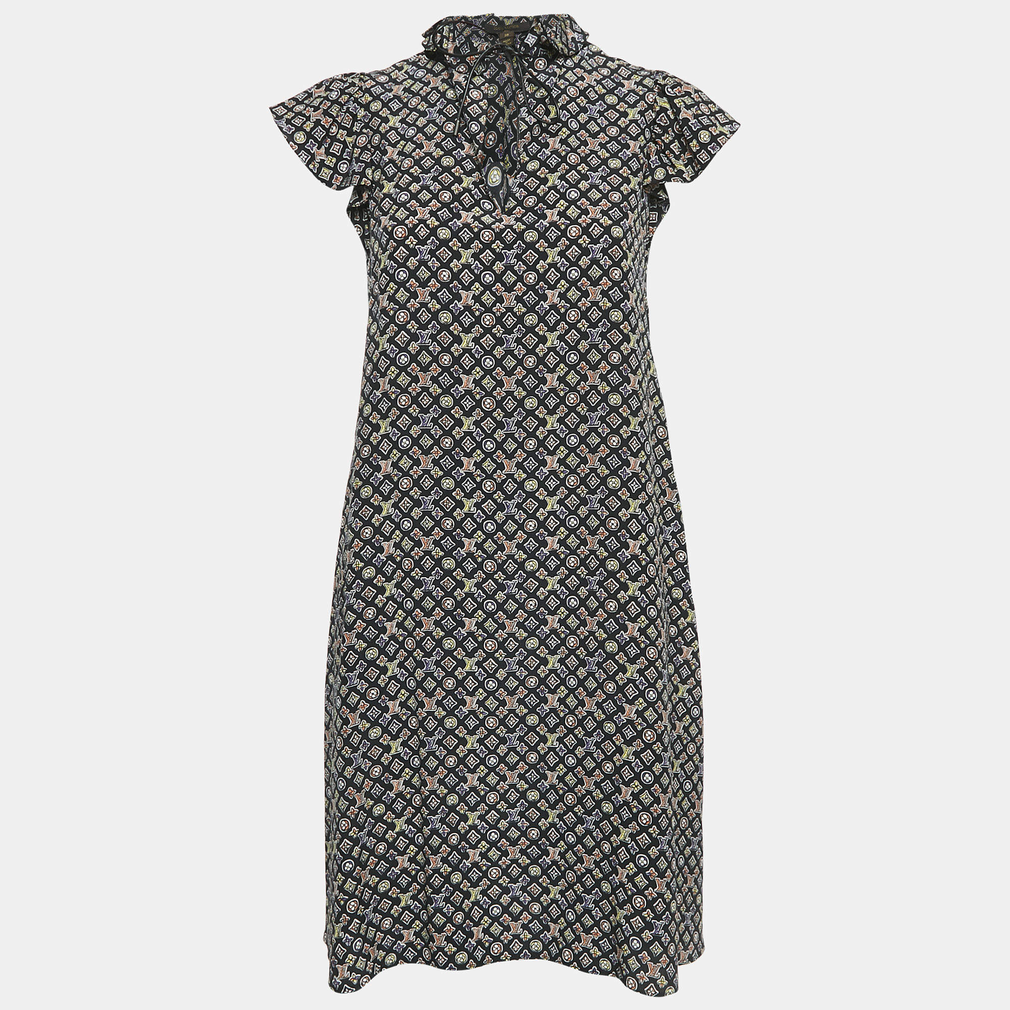 Louis Vuitton Black Monogram Print Chiffon Ruffled Mini Dress M