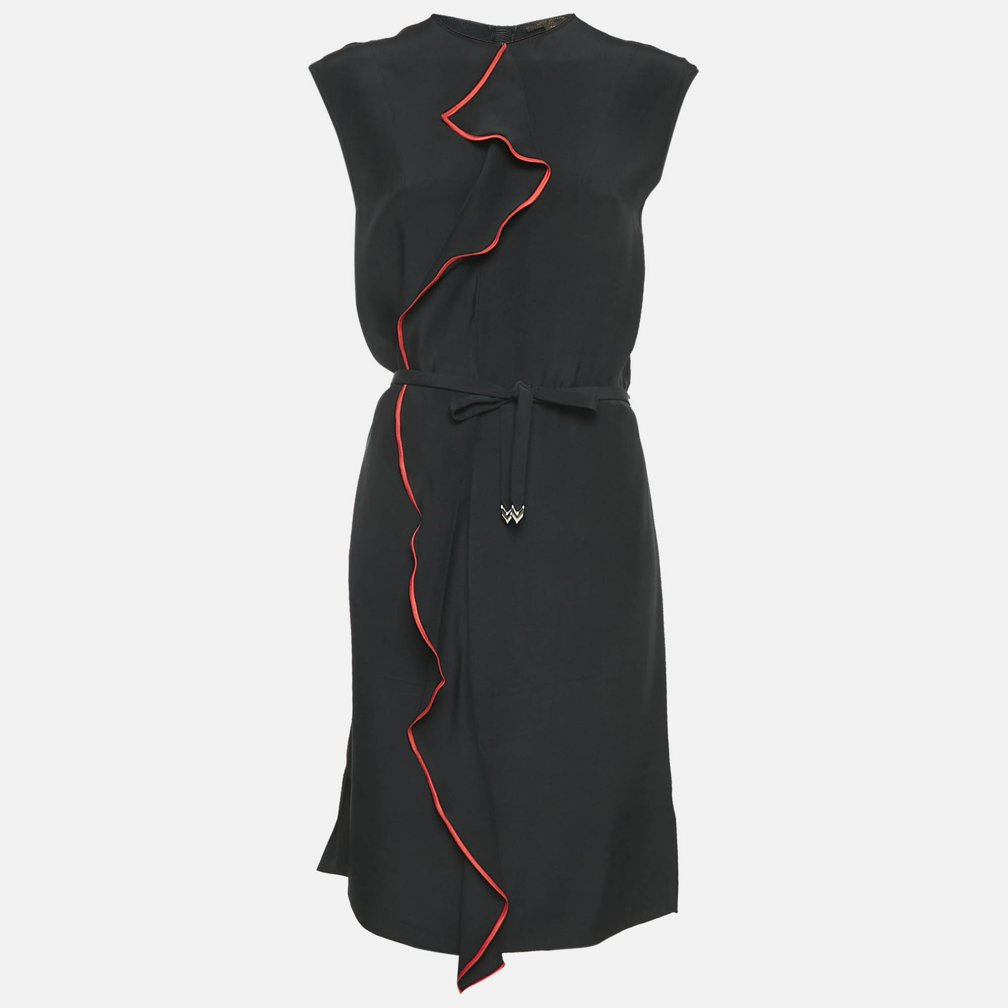 Louis Vuitton Black Silk Contrast Trim Detail Belted Midi Dress M
