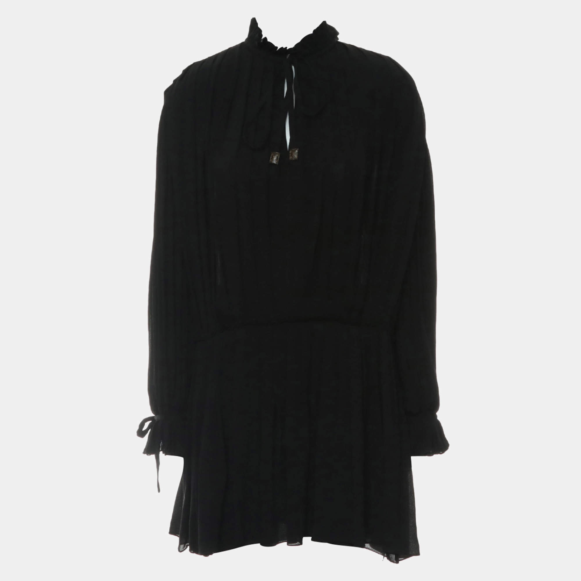 Louis Vuitton Black Silk Pleated Long Sleeve Dress FR Women 38