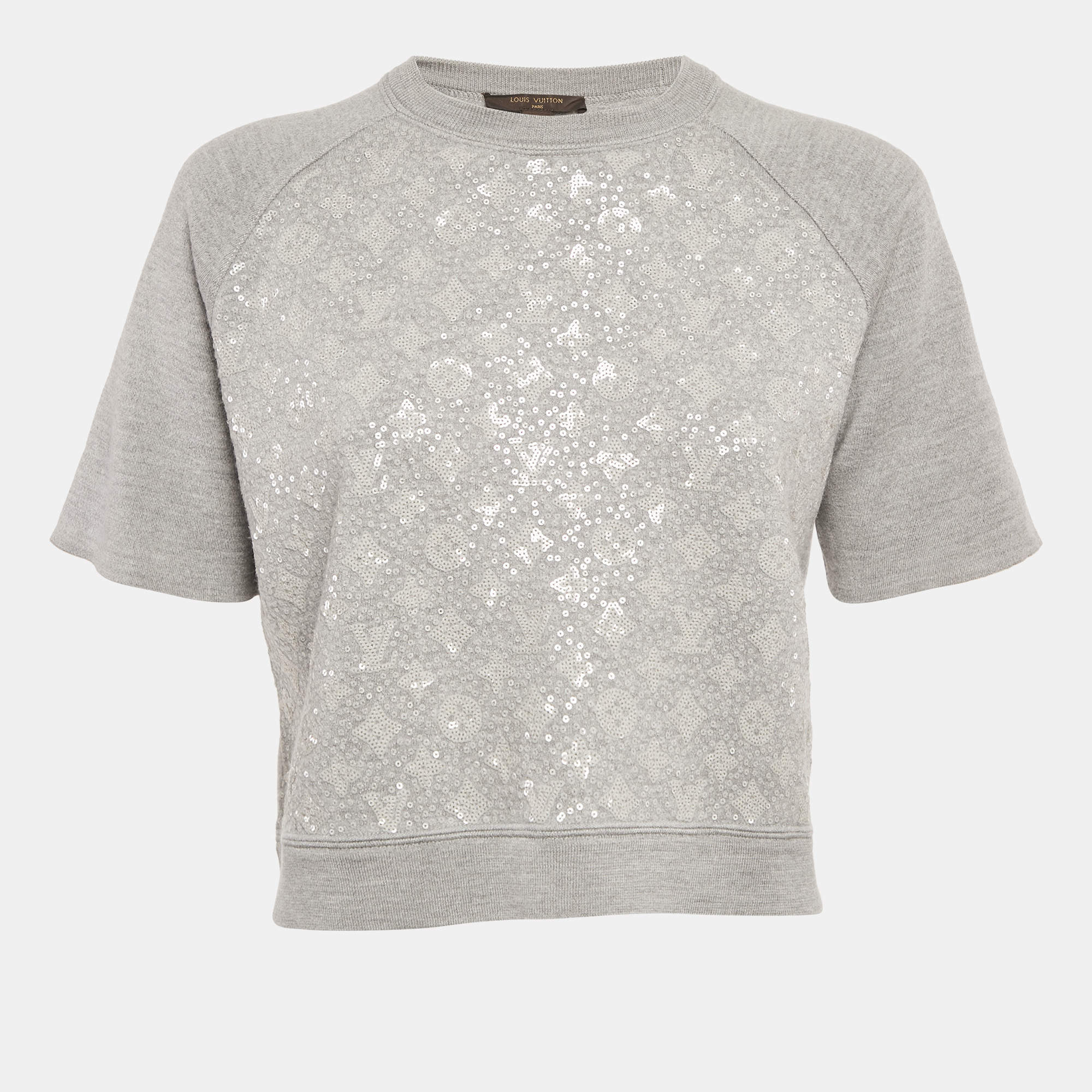 Louis Vuitton Grey Monogram Sequin Wool Blend T-Shirt S