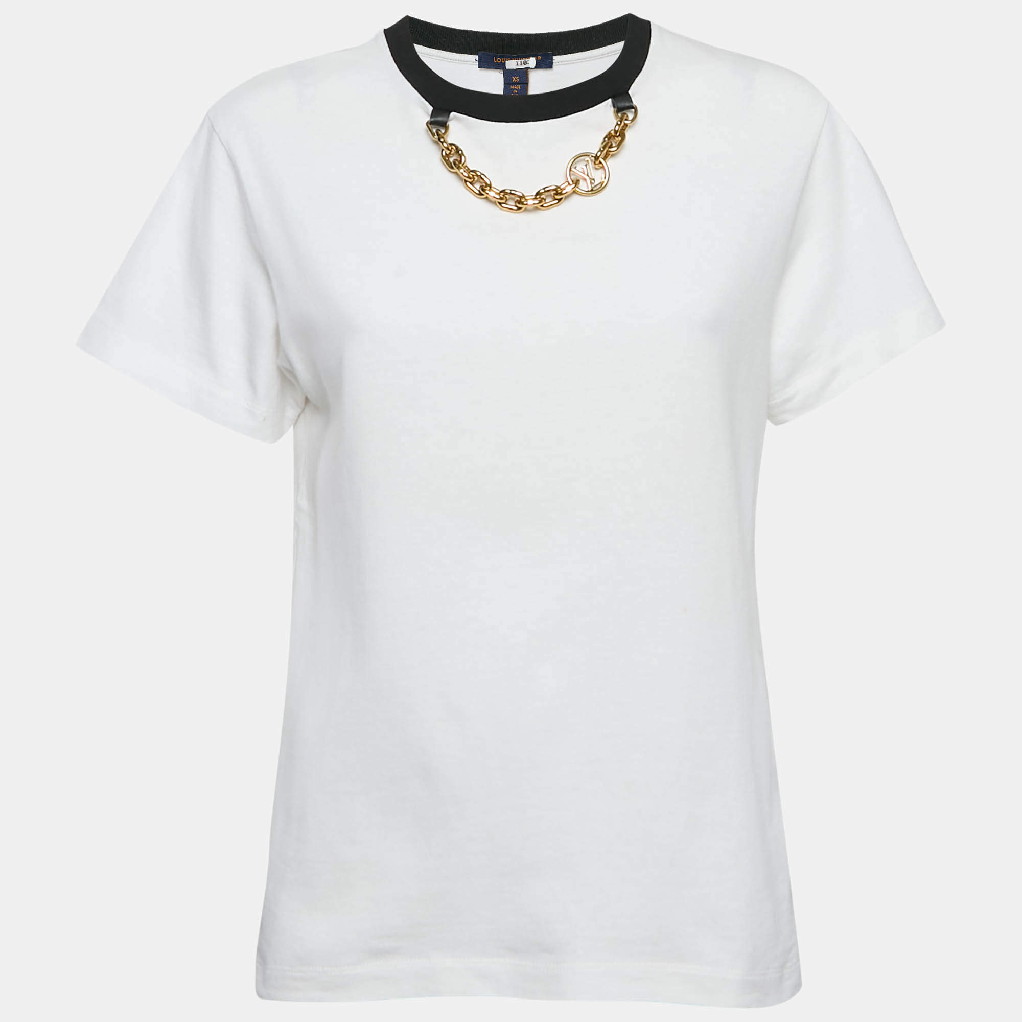 Pre Owned تي شيرت لوي فيتون أبيض بتفاصيل سلسلة مقاس صغير جداً - إكس سمول