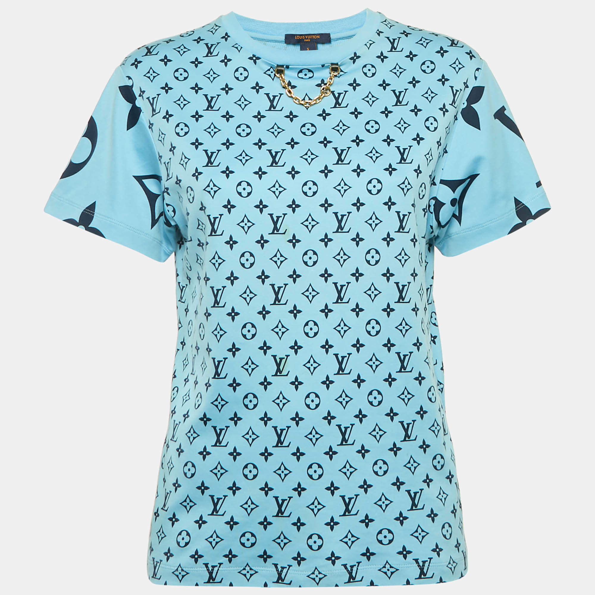 Pre Owned Louis Vuitton Blue Monogram Jersey Crew Neck T-Shirt S